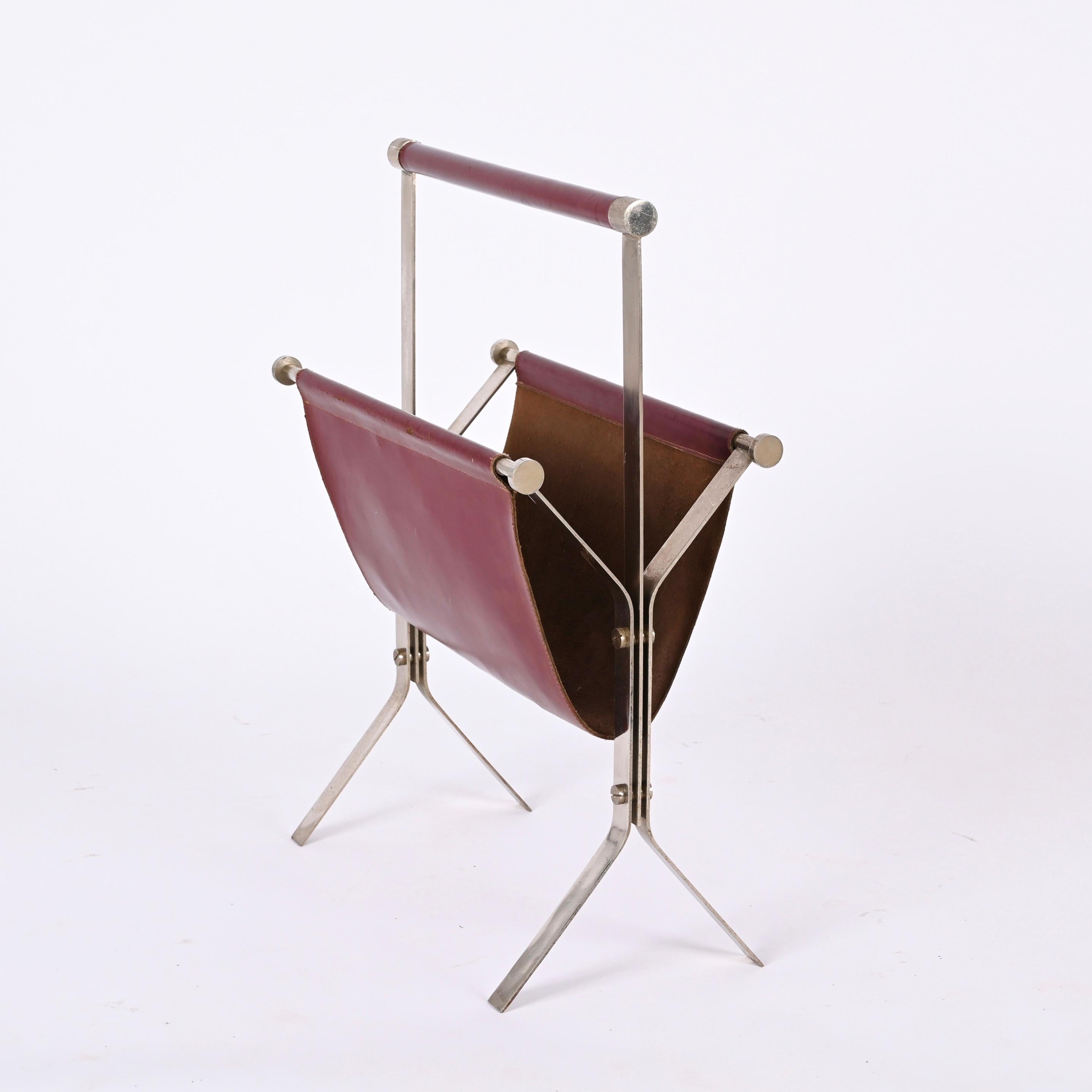Alessandro Albrizzi Midcentury Chromed Steel and Red Leather Magazine Rack 1970s For Sale 6