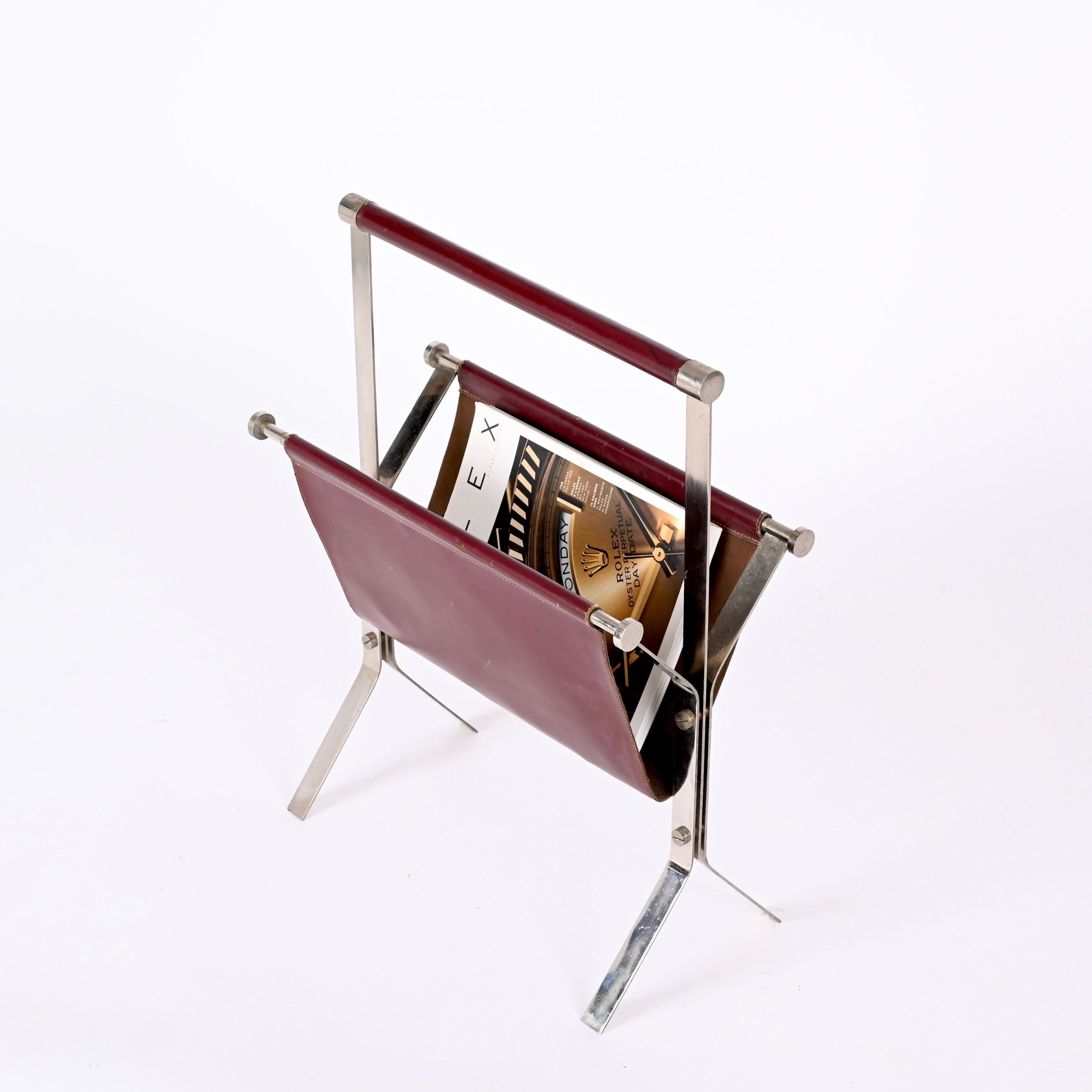 Alessandro Albrizzi Midcentury Chromed Steel and Red Leather Magazine Rack 1970s For Sale 8