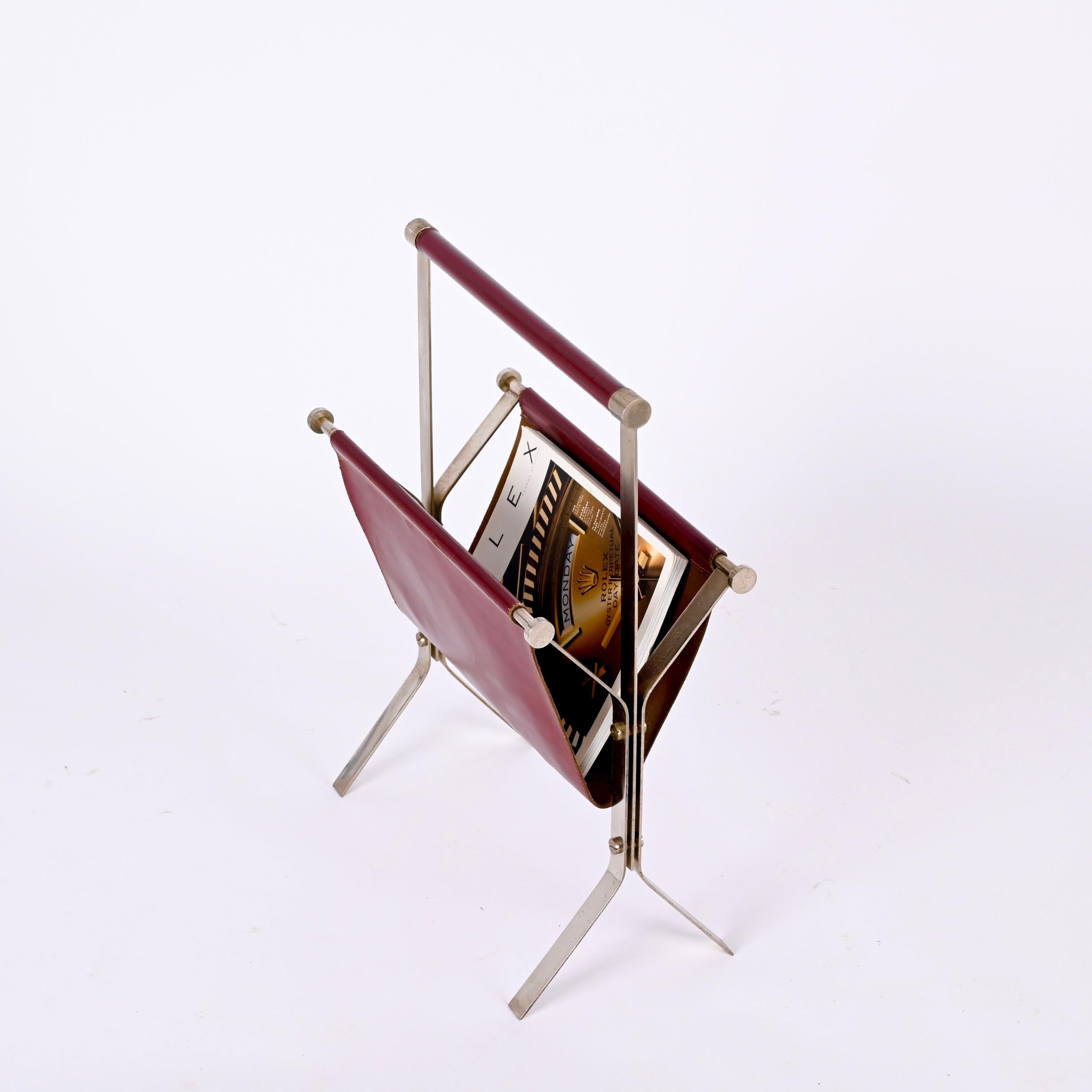 Alessandro Albrizzi Midcentury Chromed Steel and Red Leather Magazine Rack 1970s For Sale 9