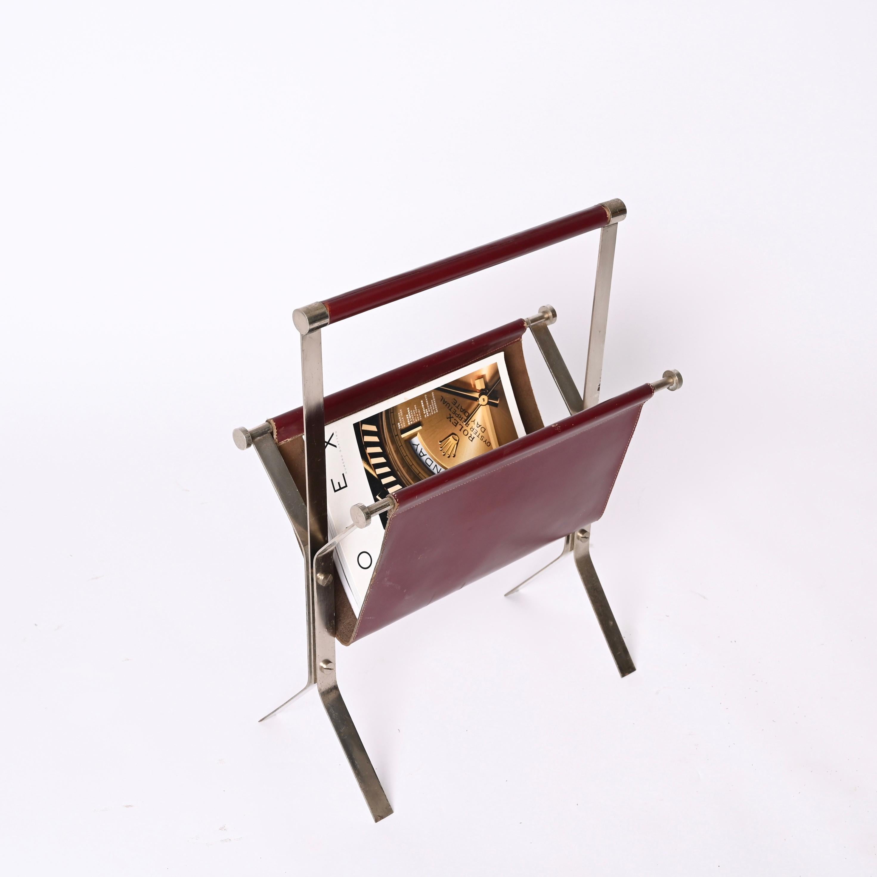 Alessandro Albrizzi Midcentury Chromed Steel and Red Leather Magazine Rack 1970s For Sale 11