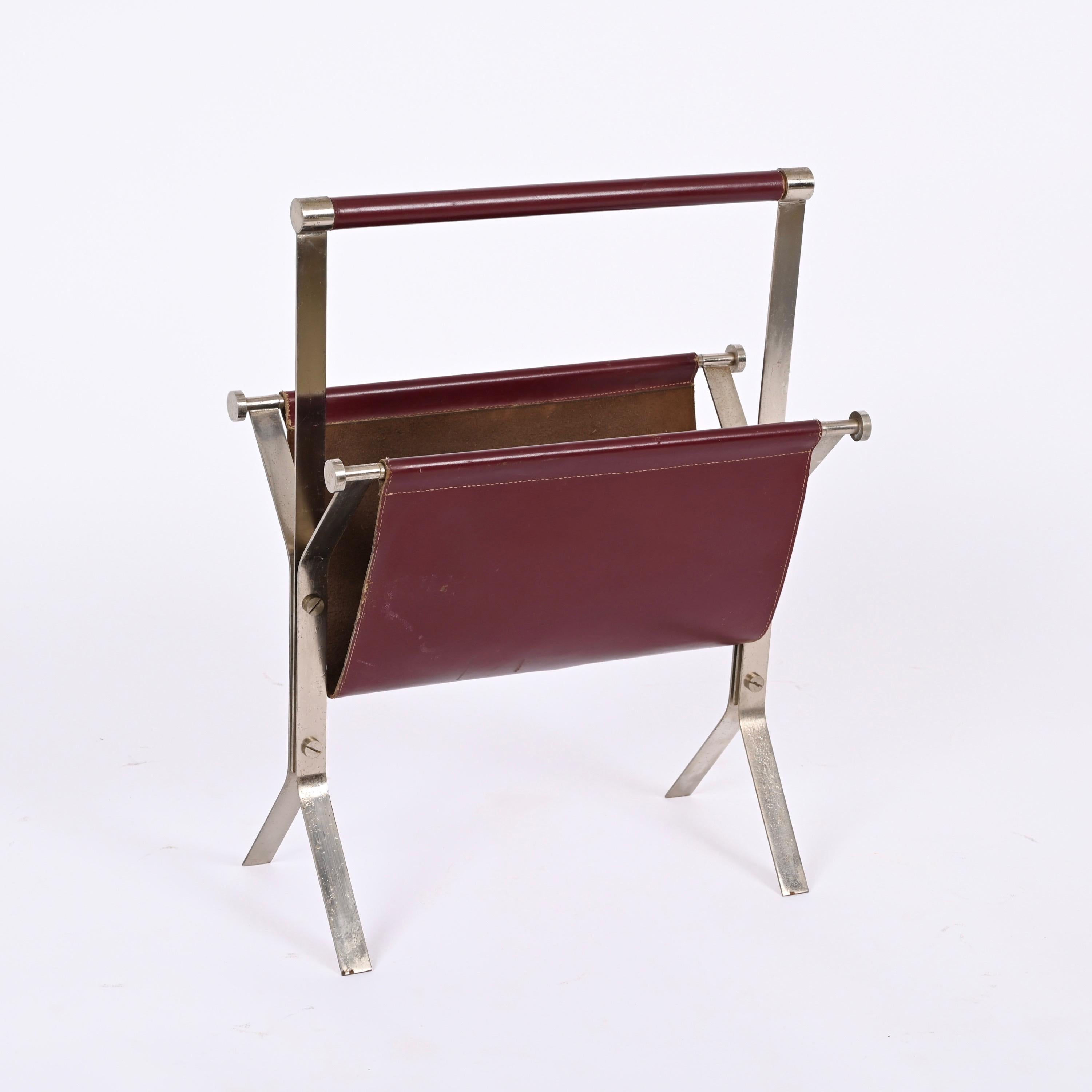 Mid-Century Modern Alessandro Albrizzi Midcentury Chromed Steel and Red Leather Magazine Rack 1970s For Sale