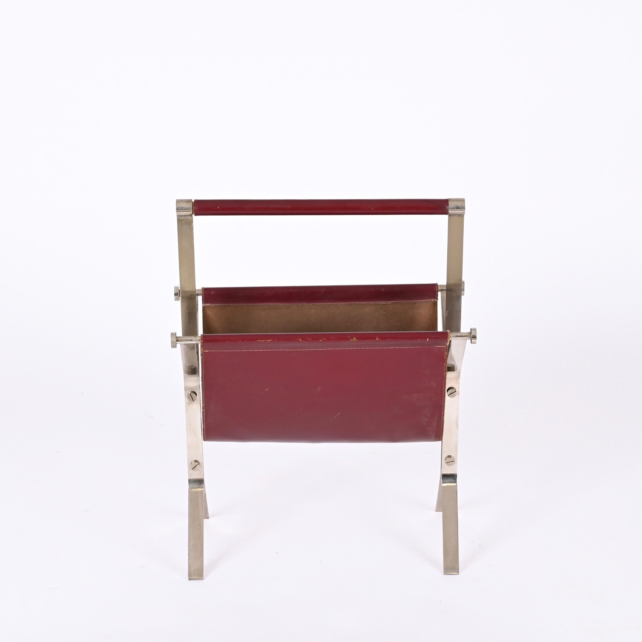 Alessandro Albrizzi Midcentury Chromed Steel and Red Leather Magazine Rack 1970s For Sale 2