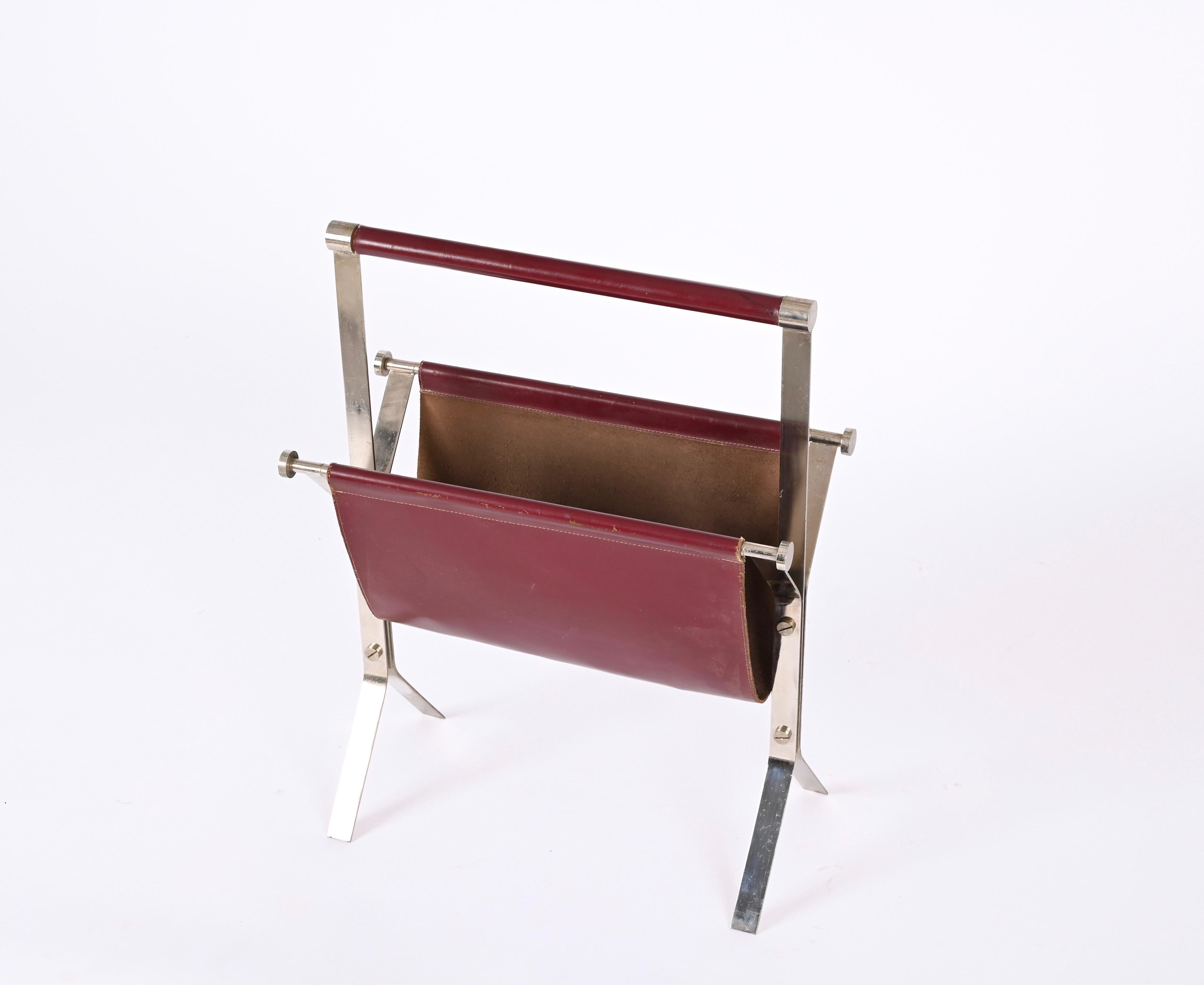 Alessandro Albrizzi Midcentury Chromed Steel and Red Leather Magazine Rack 1970s For Sale 4