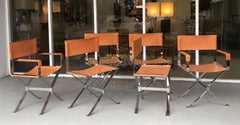 Alessandro Albrizzi Nickel and Double Stitched Saddle Leather 6 Dining Chairs