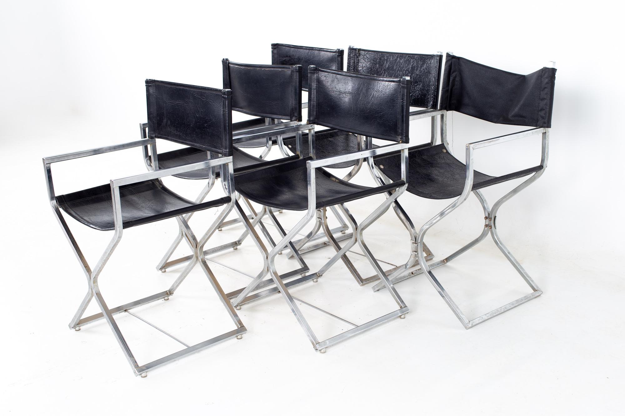 Alessandro Albrizzi style mid century naugahyde and chrome directors chairs - set of 6.
Each chair measures: 19 wide x 16.75 deep x 32 high, with a seat height of 18.5 inches and arm height of 24.25 inches high

All pieces of furniture can be had