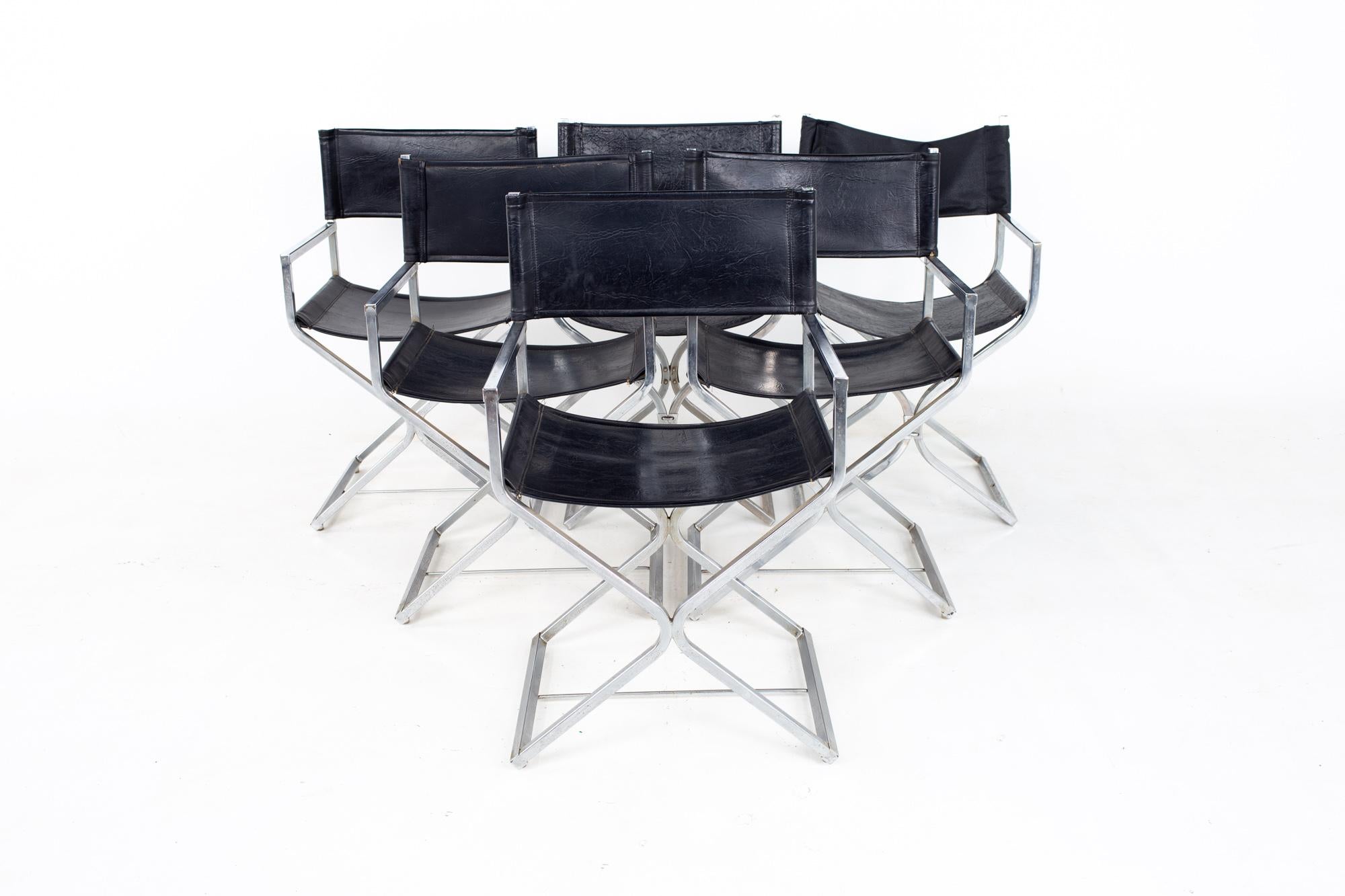 Mid-Century Modern Alessandro Albrizzi Style MCM Naugahyde and Chrome Directors Chairs - Set of 6 For Sale