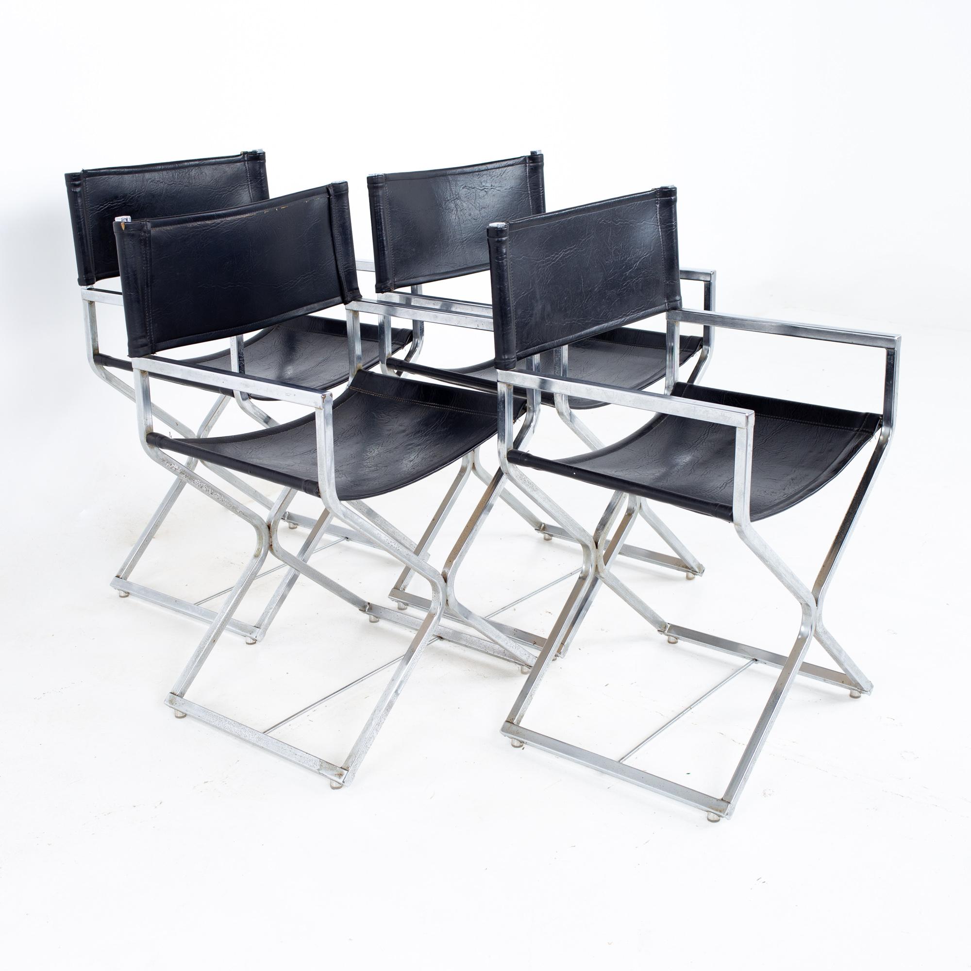 Late 20th Century Alessandro Albrizzi Style MCM Naugahyde and Chrome Directors Chairs - Set of 6 For Sale