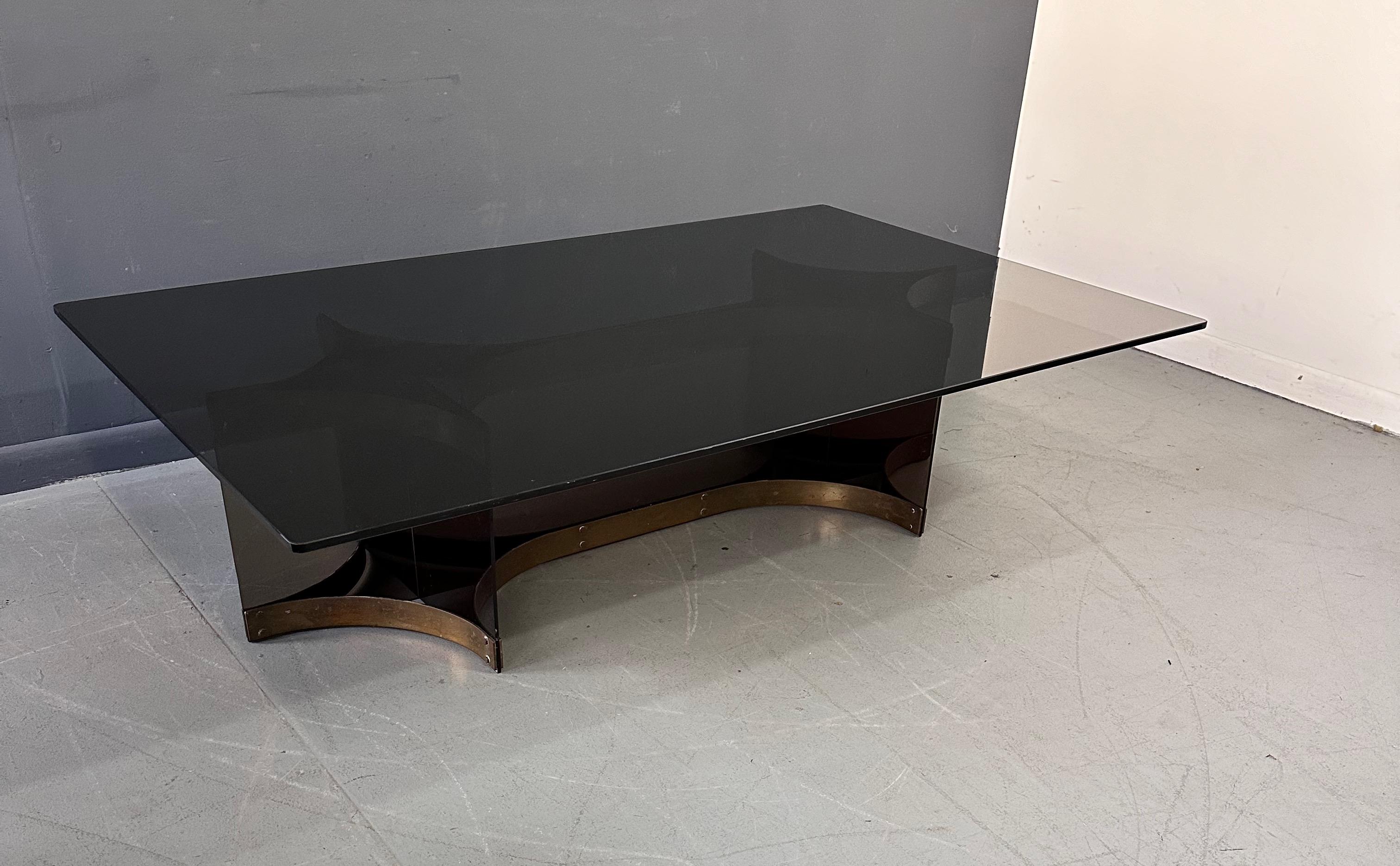 Alessandro Albrizzzi Smoked Glass and Patinated Brass with Lucite Coffee Table  In Good Condition For Sale In Philadelphia, PA