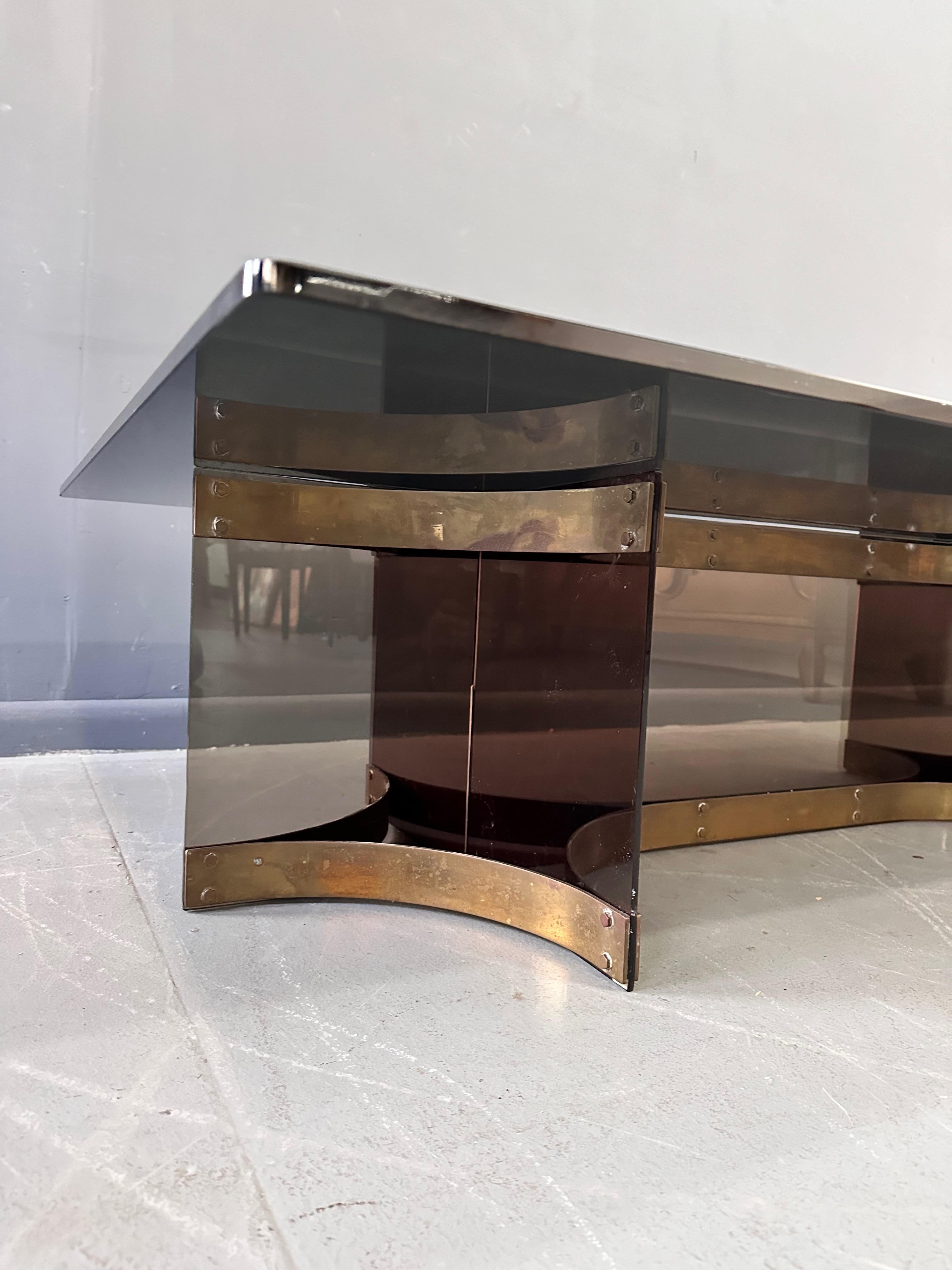 20th Century Alessandro Albrizzzi Smoked Glass and Patinated Brass with Lucite Coffee Table  For Sale