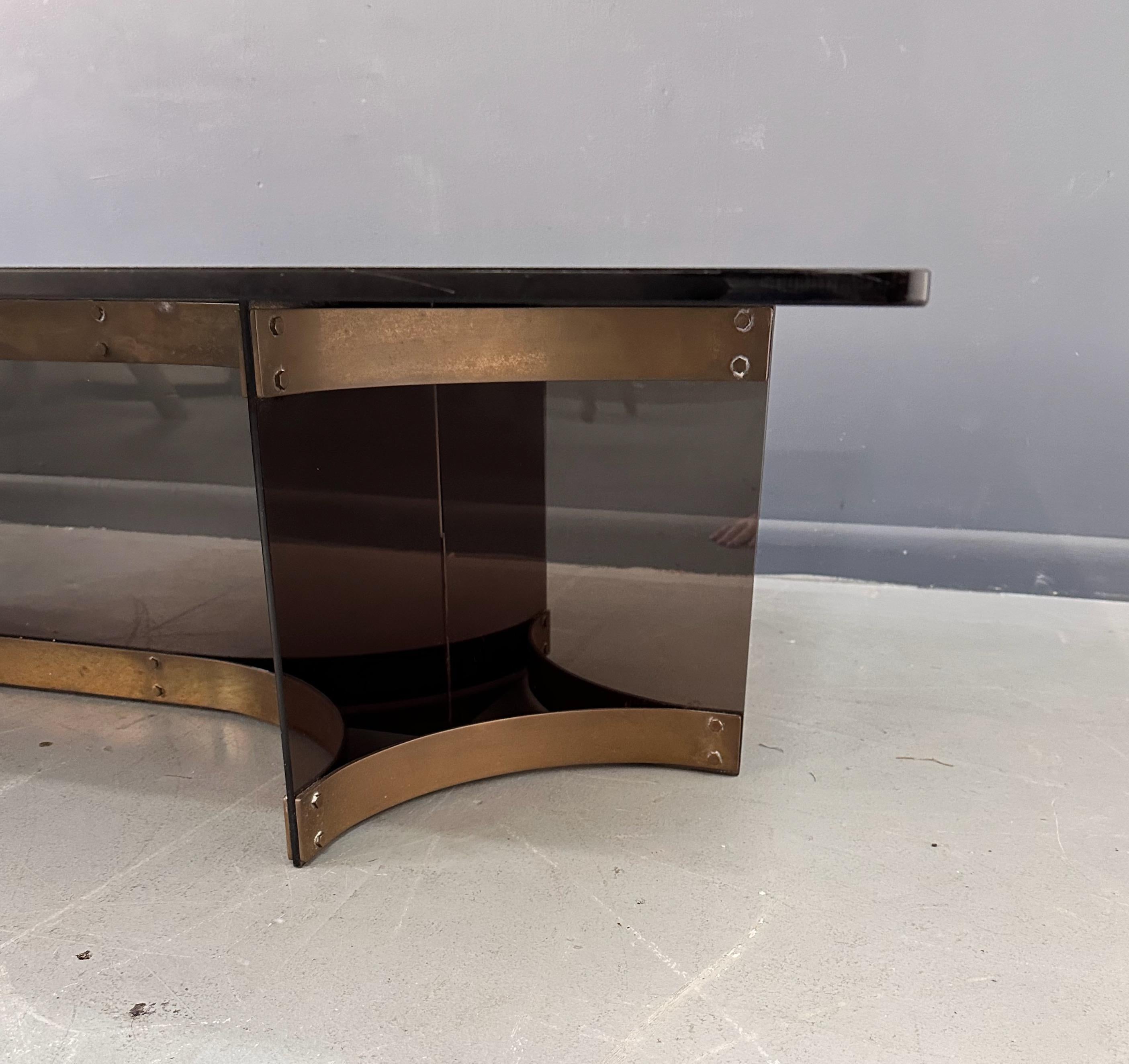 Alessandro Albrizzzi Smoked Glass and Patinated Brass with Lucite Coffee Table  For Sale 1