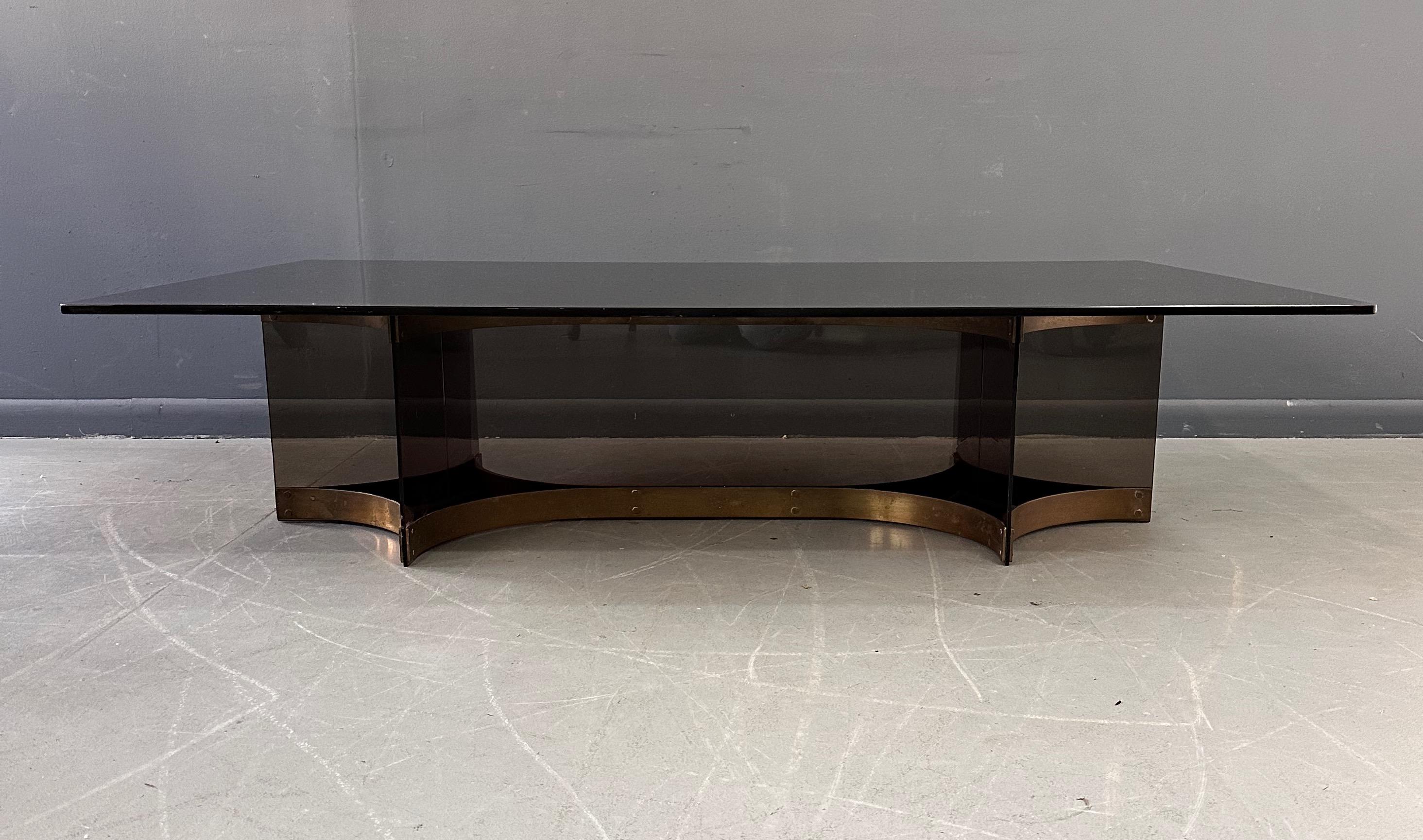 Alessandro Albrizzzi Smoked Glass and Patinated Brass with Lucite Coffee Table  For Sale 2