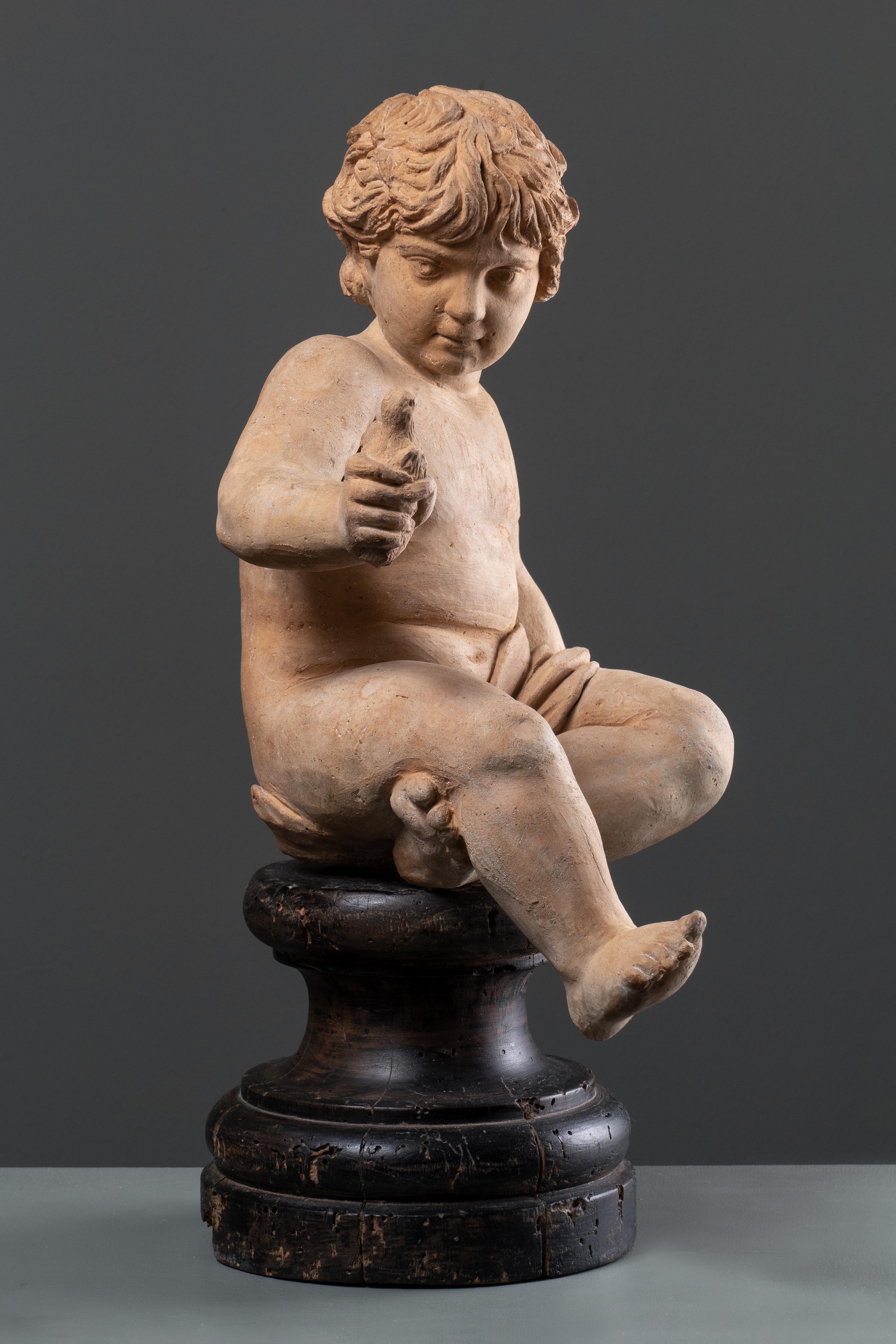 Antica figura in terracotta italiana del bambino Ercole, Roma, XVIII secolo - Figurative Sculpture Nero di Alessandro Algardi