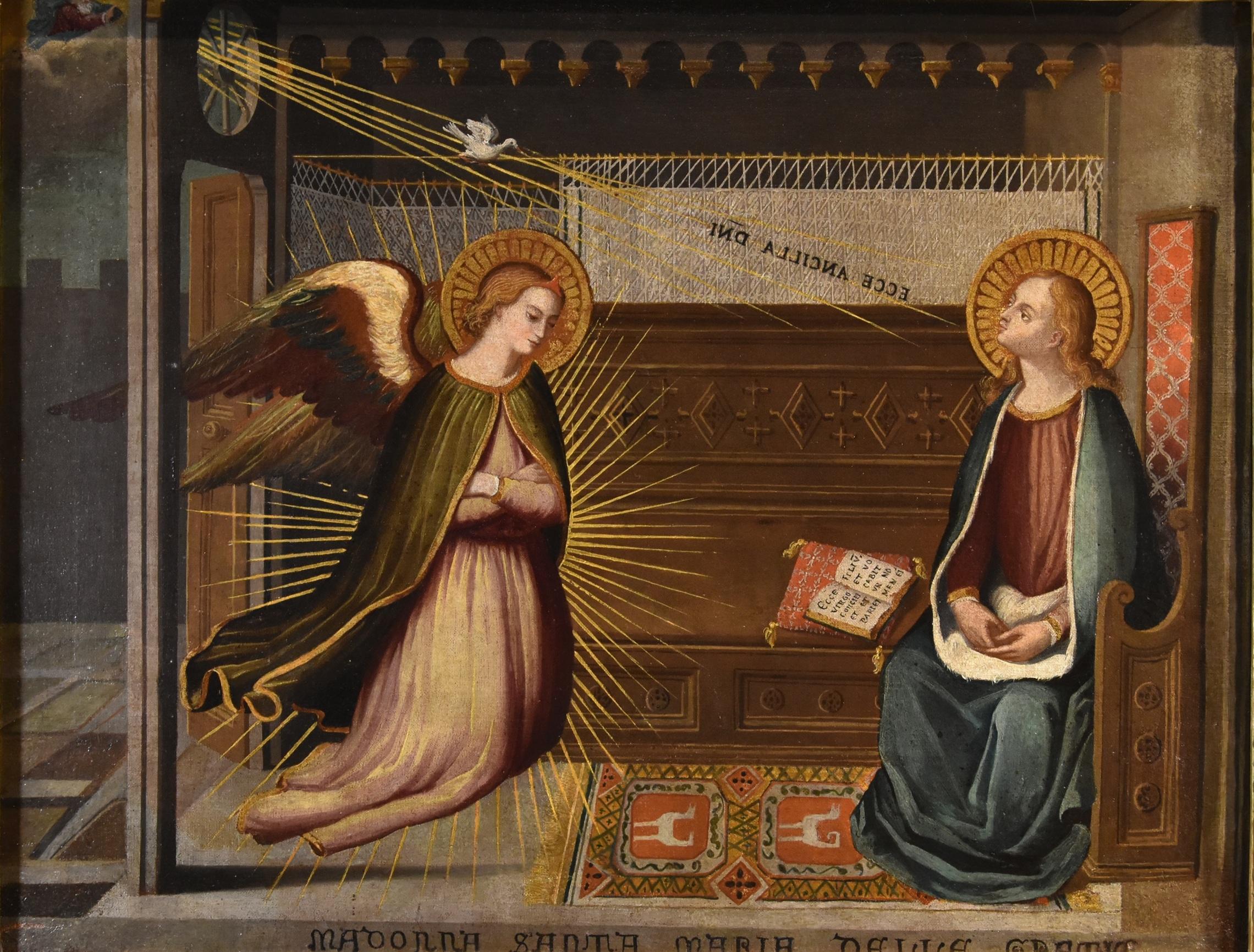 Annunciation Allori Religiöses Leonardo 17./18. Jahrhundert Gemälde Öl auf Leinwand Italien – Painting von Alessandro Allori (Florence, 1535 – Florence, 1607) 