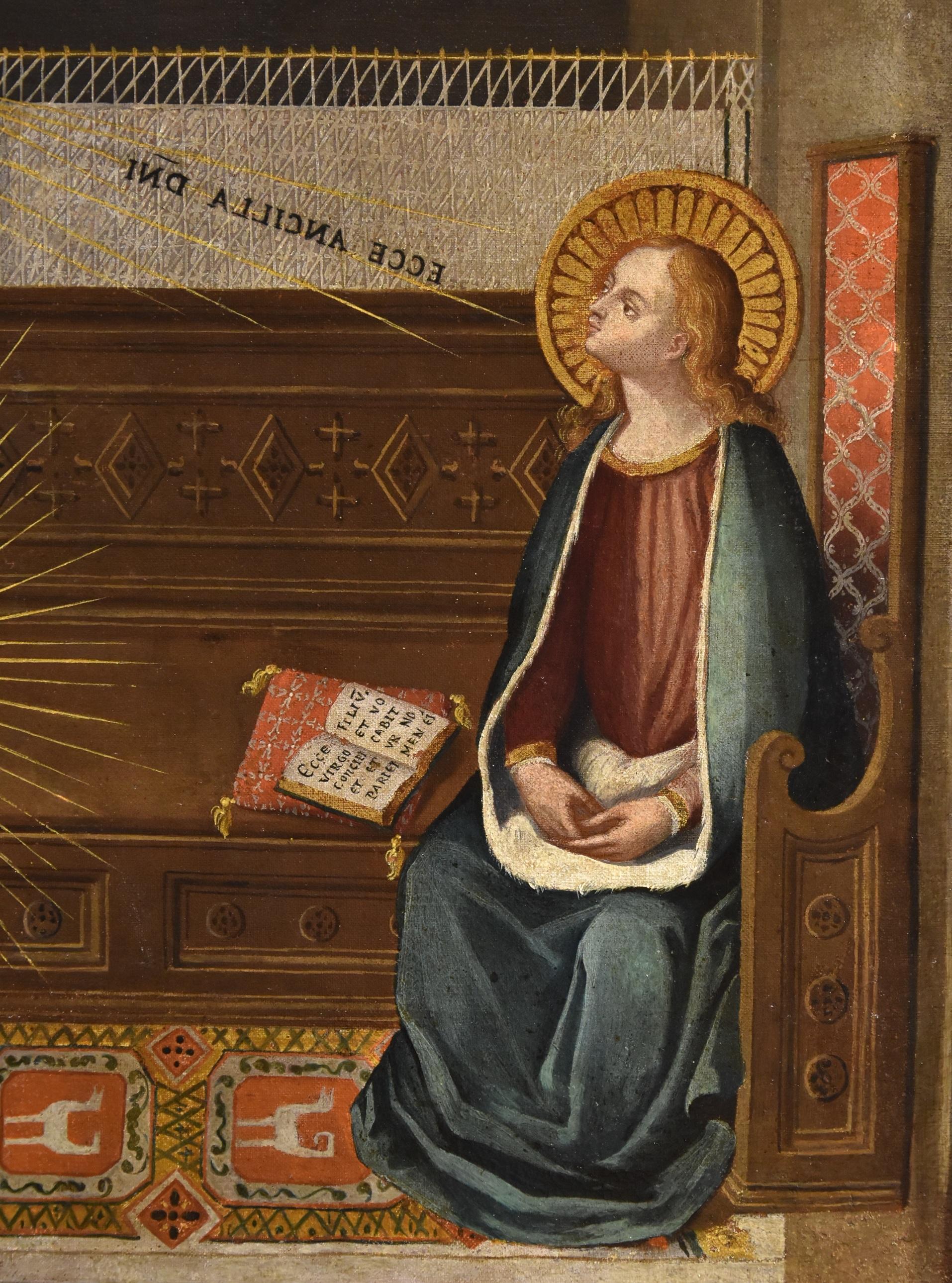 Die Verkündigung  

Florentiner Maler, 17./18. Jahrhundert 

Anhänger von Alessandro Allori (Florenz, 1535 - Florenz, 1607)  

Öl auf Leinwand 45 x 58 cm - Gerahmt 55 x 68 cm    

Eine prächtige Leinwand, die das Thema der Verkündigung feiert, den