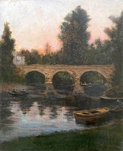 Activity on the River, at Sunset Twilight near Barbizon landscape painting