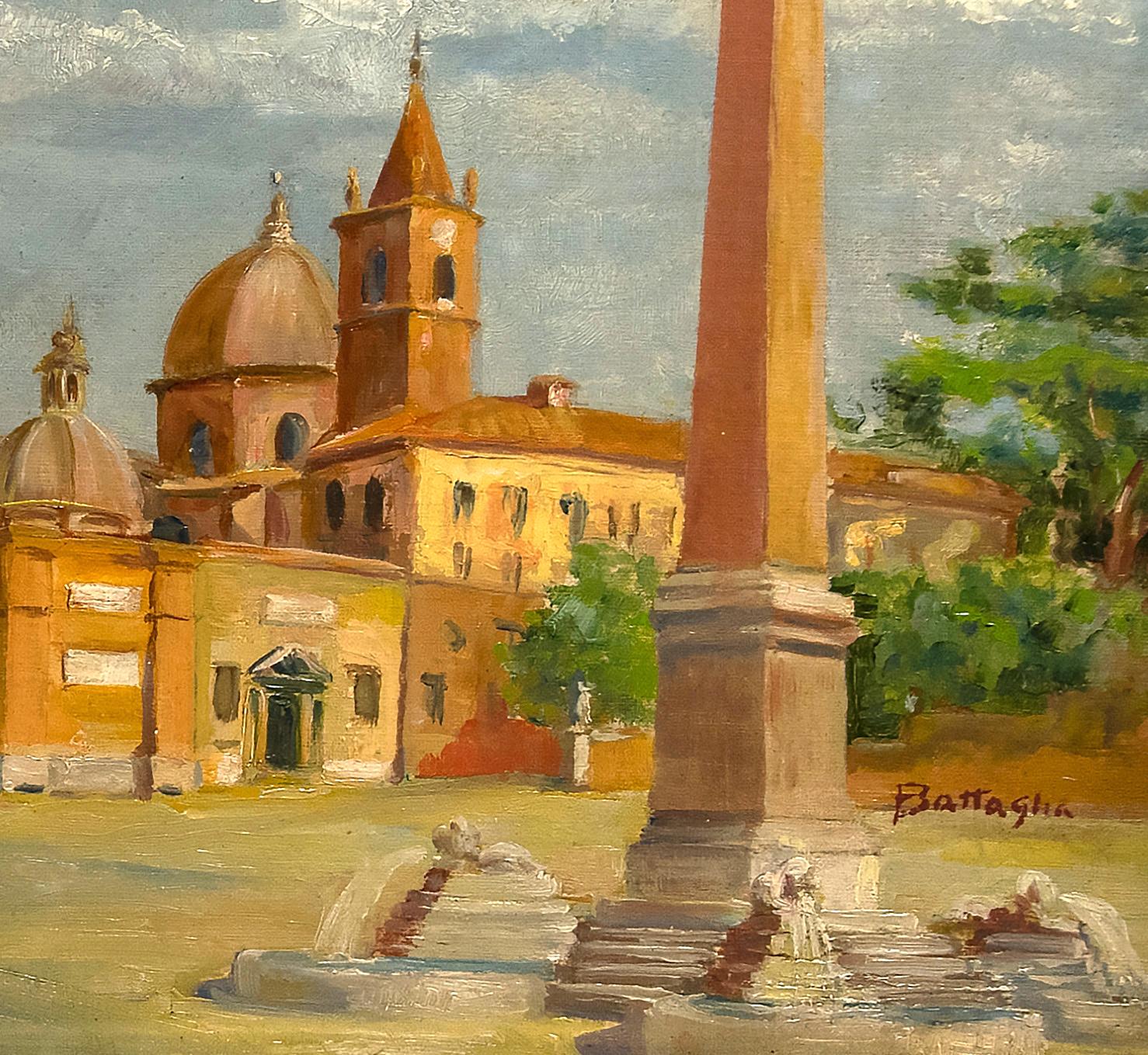 Piazza del Popolo, Rome - Oil on Cardboard - Early 20th Century  - Painting by Alessandro Battaglia