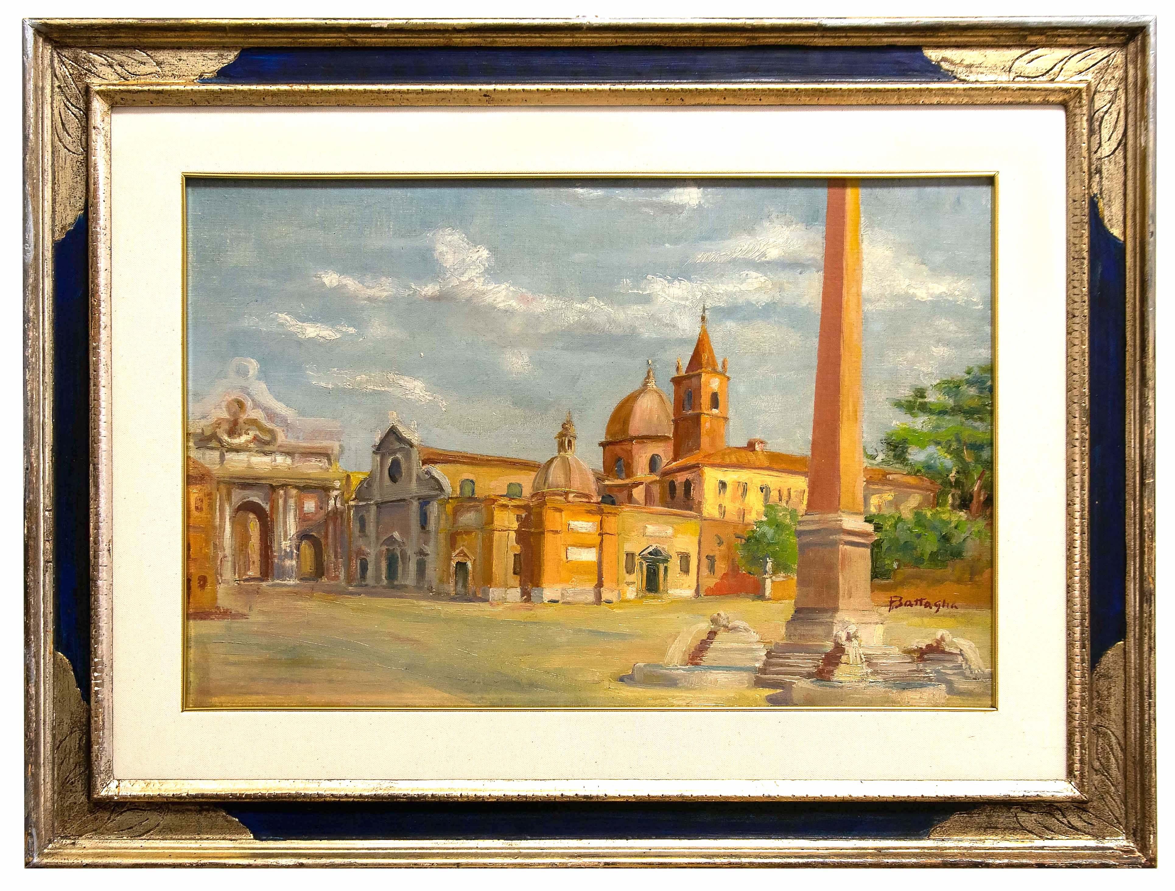 Figurative Painting Alessandro Battaglia - Piazza del Popolo, Rome - Huile sur carton - Début du XXe siècle 