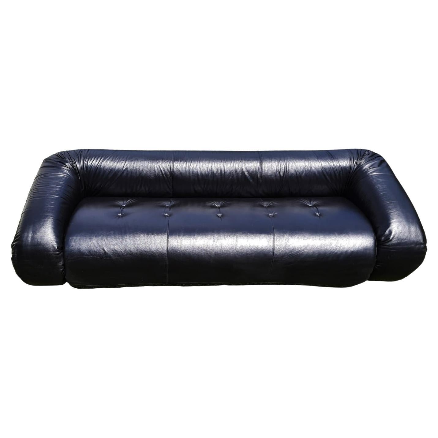 Alessandro Becchi Black Leather Anfibio Three Seater Sofa for Giovannetti, 1972