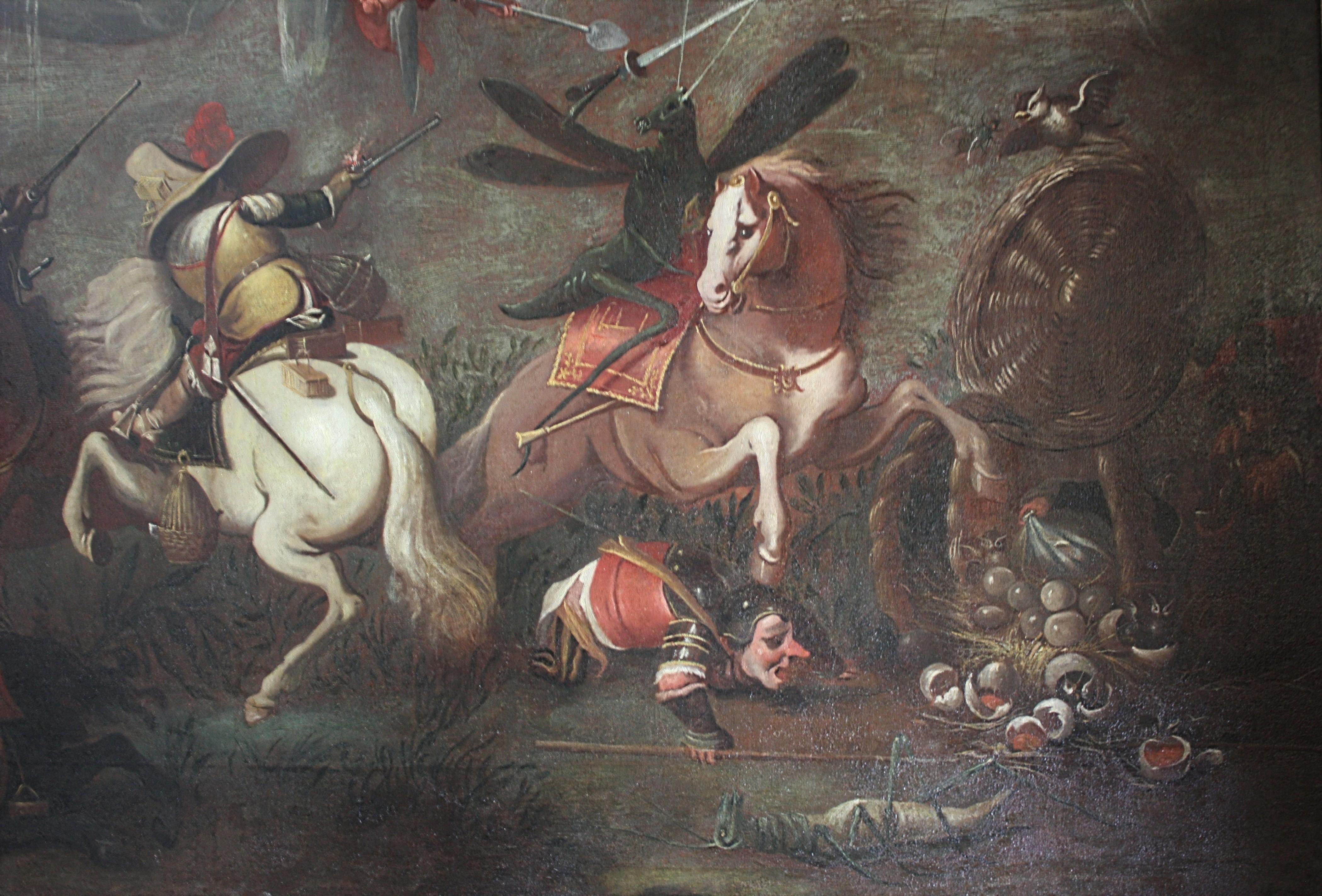 FANTASTIC BATTLE BETWEEN INSECTS AND DWARVES - Black Figurative Painting by Alessandro Bernardino Deho