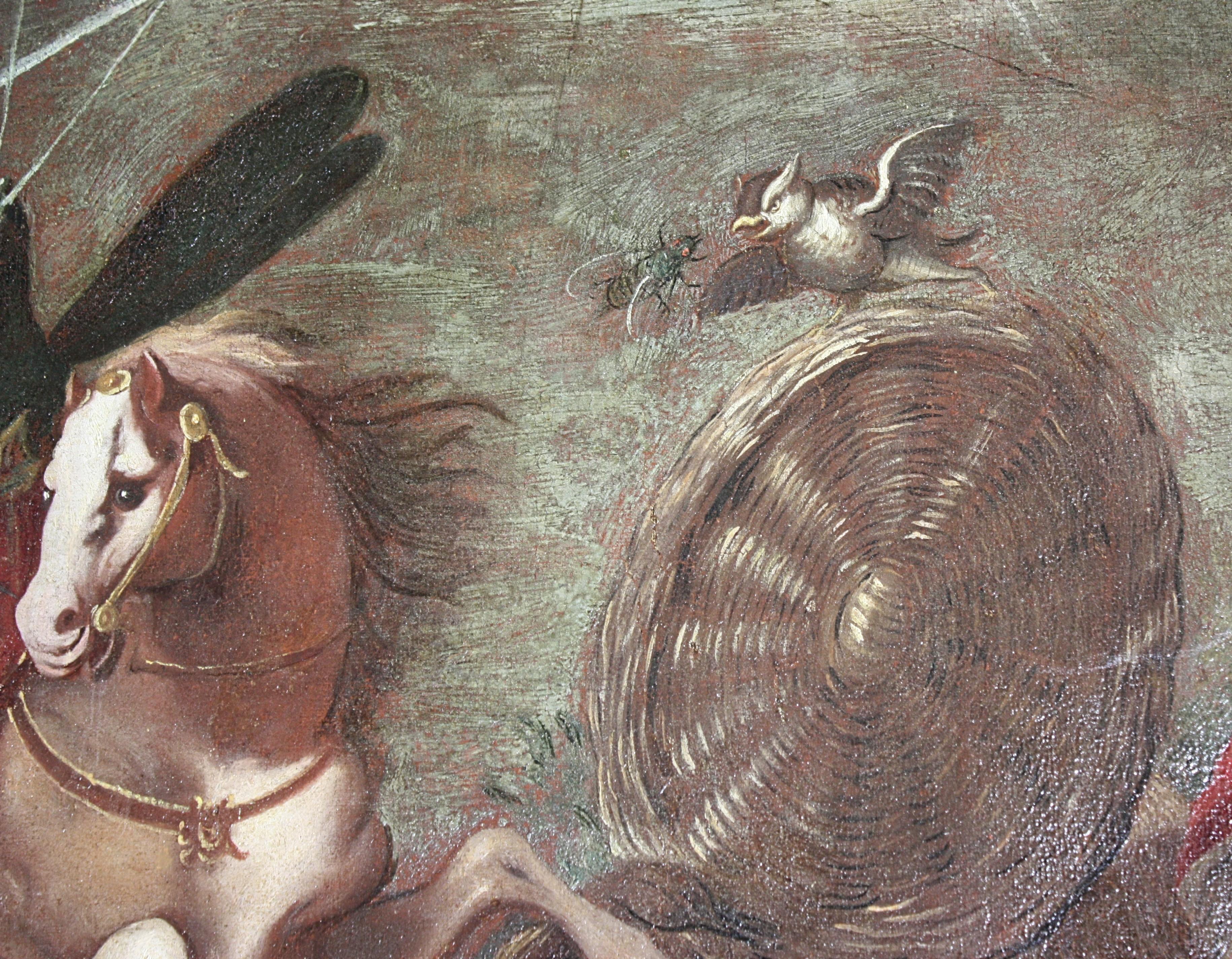 An extraordinary example of Alessandro Bernardino Deho's grotesque and fantastic production, this painting illustrates an imaginative scene in which anthropomorphic insects and dwarves face each other in a surreal battle. The work is embellished