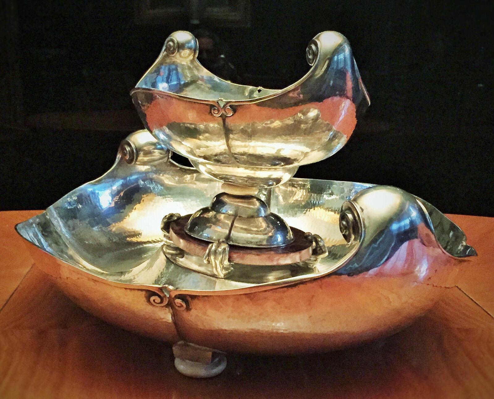 Hallmarks: S.A. Calderoni, Milano, 800.

Weight: 160.14 troy ounces (5 kg 794 g), including non-silver material.

DIMENSIONS:
Overall height: 12inches

Bottom vessel dimensions:
Length: 21 inches
Depth: 18.5 inches
Height: 7.5 inches

Top vessel