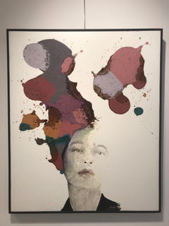 Italian Contemporary Colorful Painting with Female, Pink, Purple, Green, Brown