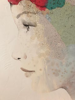 Italian Contemporary Mixed Media Painting with Female, Pink, Green, Purple