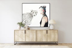 Woman with Cheetah - Framed Original Abstract Portrait Painting