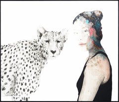 Femme avec une guépard - Peinture de portrait abstrait originale encadrée