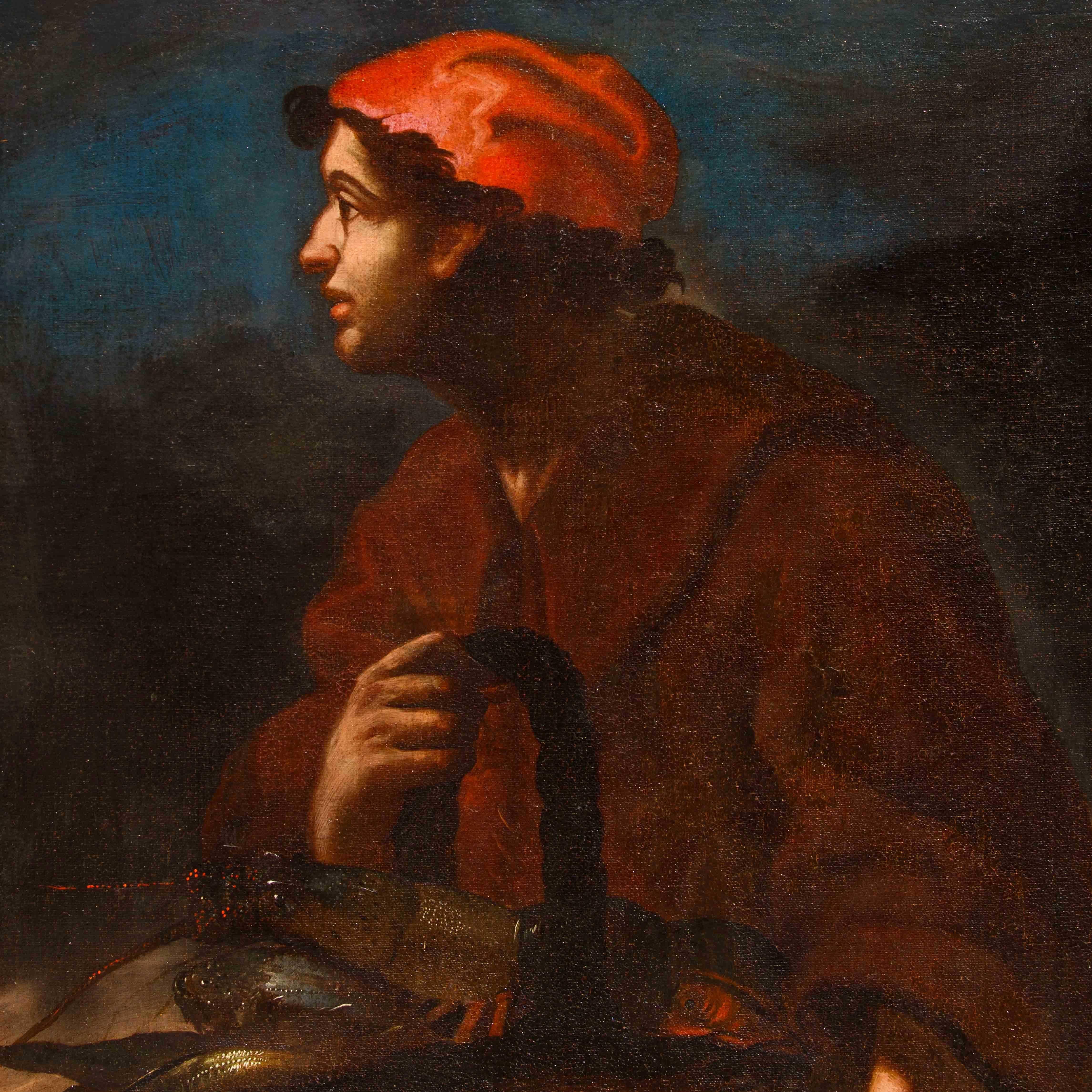 Alessandro de' Pesci (tätig bis 1750), Fischhändler – Painting von Alessandro de pesci