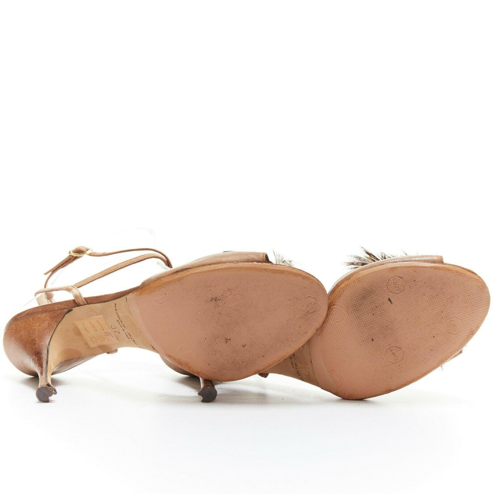 Brown ALESSANDRO DELL ACQUA leather open-toe high heel sandal exotic bird feather EU37