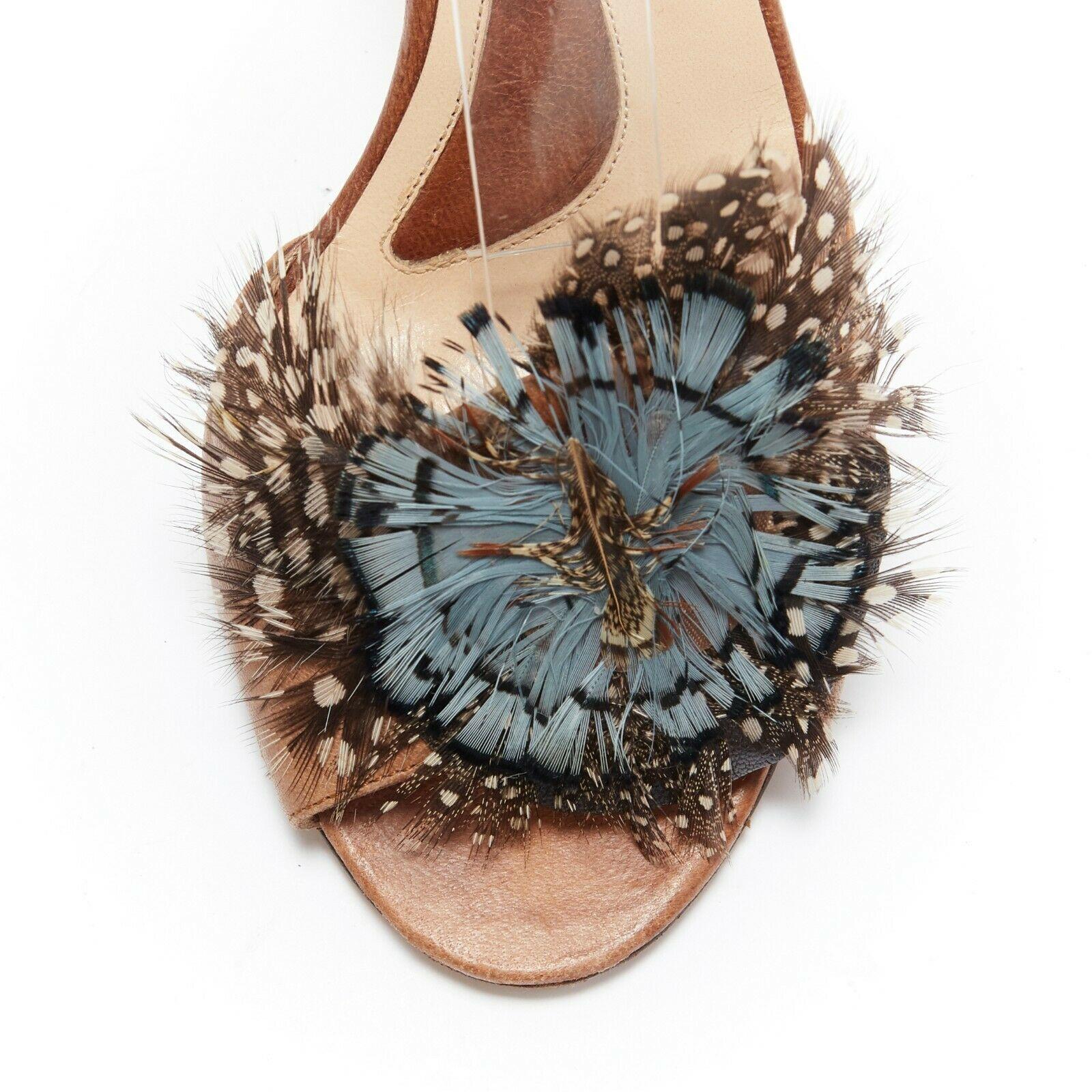 ALESSANDRO DELL ACQUA leather open-toe high heel sandal exotic bird feather EU37 In Fair Condition In Hong Kong, NT