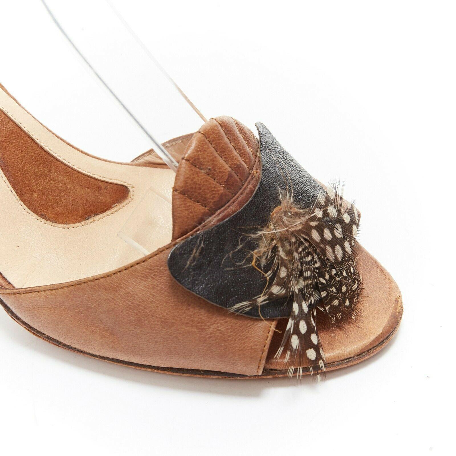 Women's ALESSANDRO DELL ACQUA leather open-toe high heel sandal exotic bird feather EU37