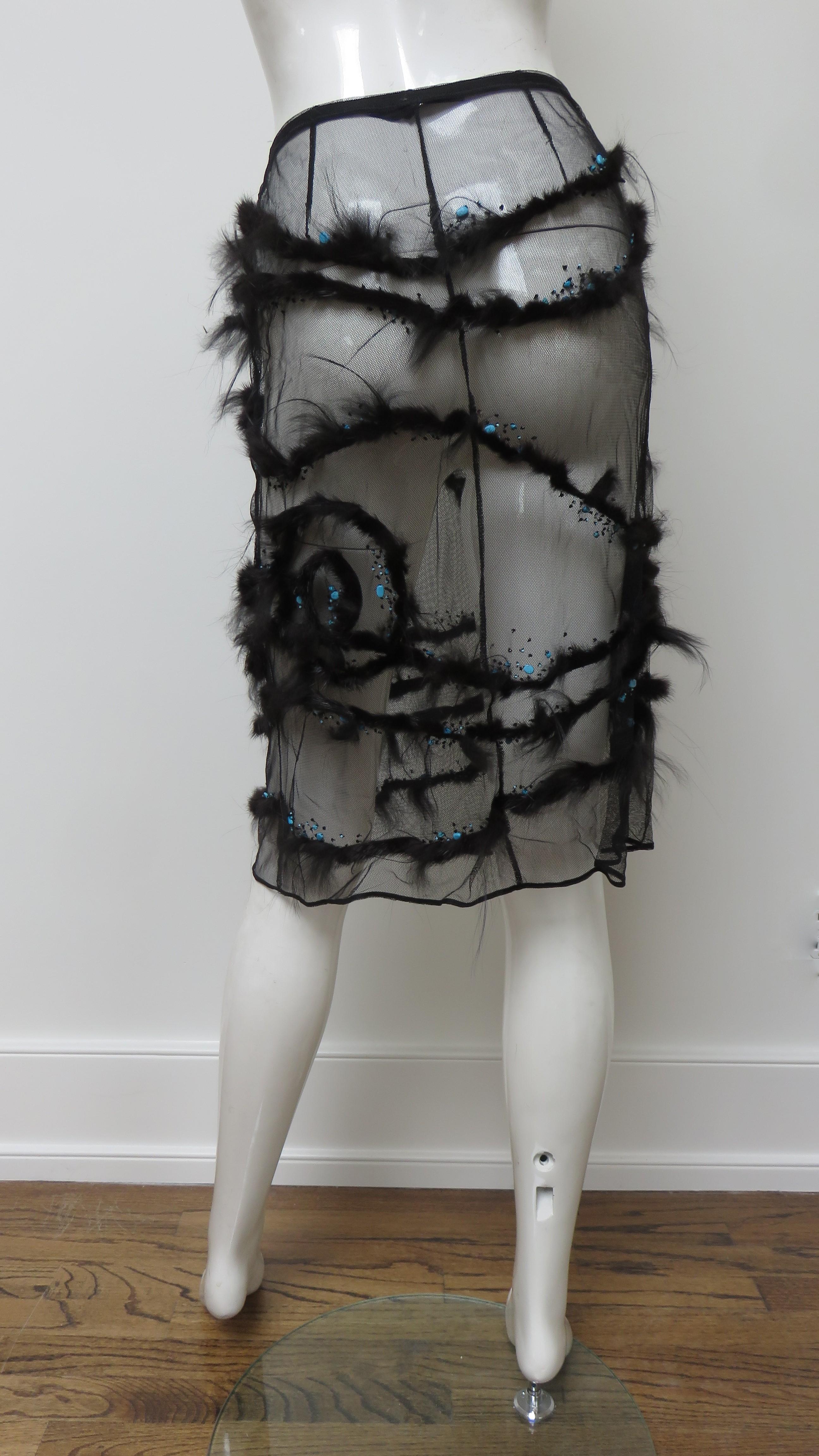 Alessandro Dell'Acqua Net Skirt with Fur and Turquoise Stones Trim 1990s For Sale 8