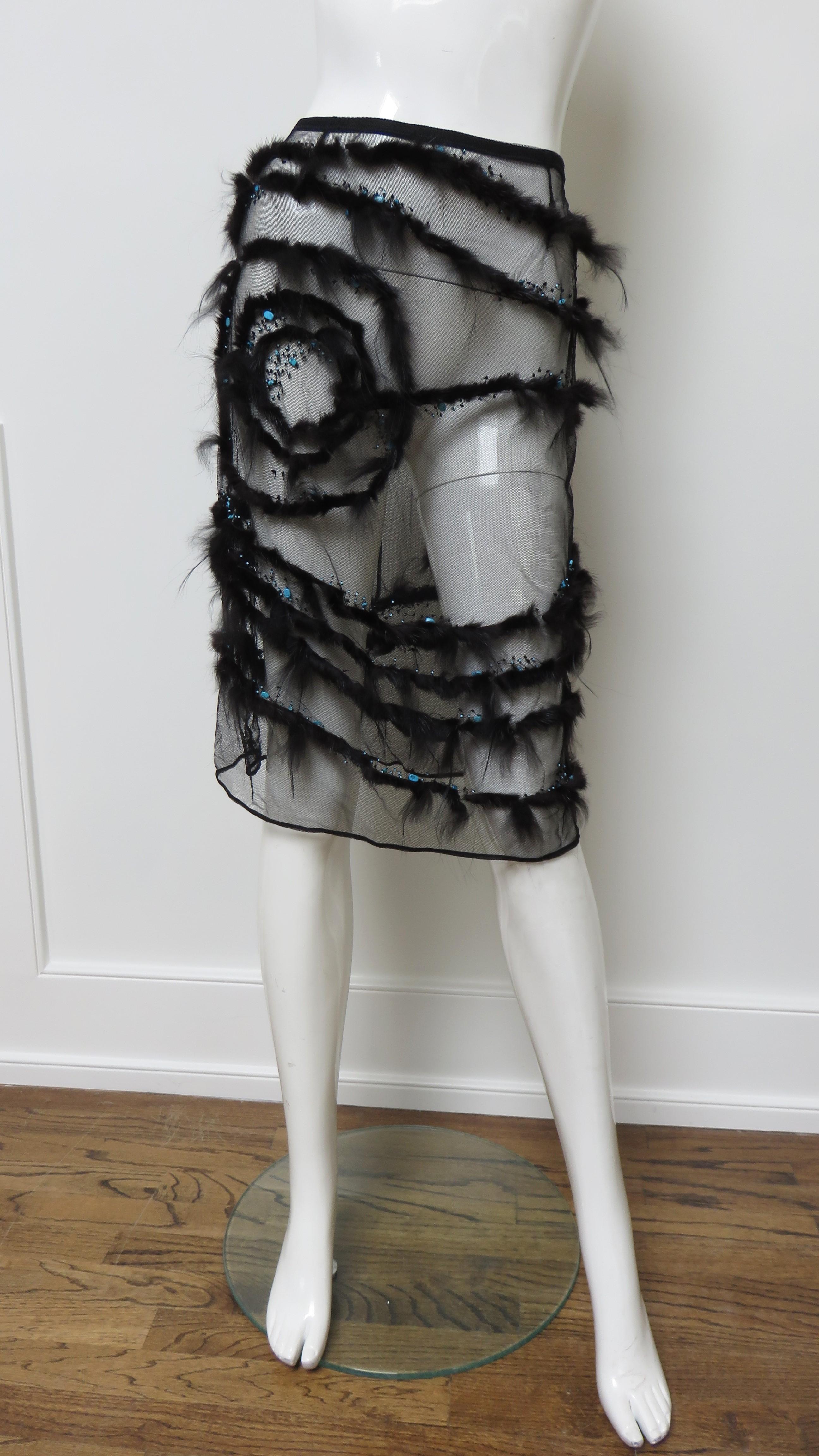 Alessandro Dell'Acqua Net Skirt with Fur and Turquoise Stones Trim 1990s For Sale 3