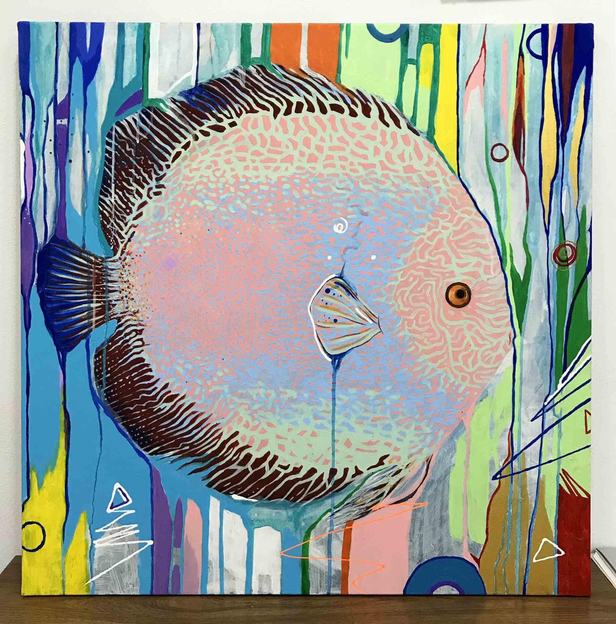 Pesce (80x80x1cm)- Acrilico e colori Posca su tela - 2013. Senza cornice: i bordi della tela sono dipinti.

Firma sul lato della tela e sul retro della tela.

Nata e cresciuta su un'isola dove il mare vive tutto intorno alla mia città, non posso che