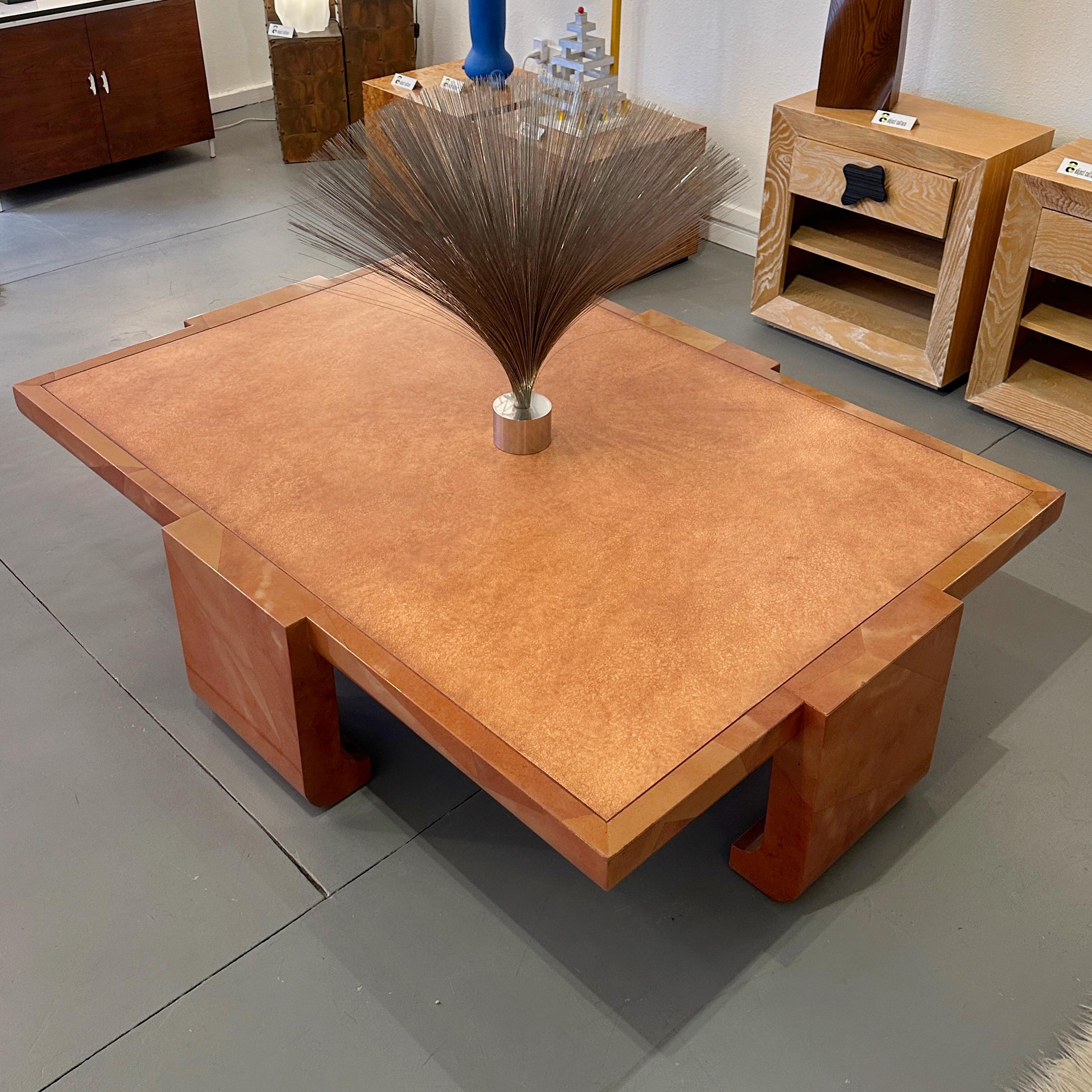 Alessandro for Baker Furniture Asian Inspired Coffee Table with Faux Parchment and Shagreen, circa 1980s. 

In 1980, innovative Italian interior designer Alessandro Gambrielli Gambalogna created a collection of approximately 25 avant garde