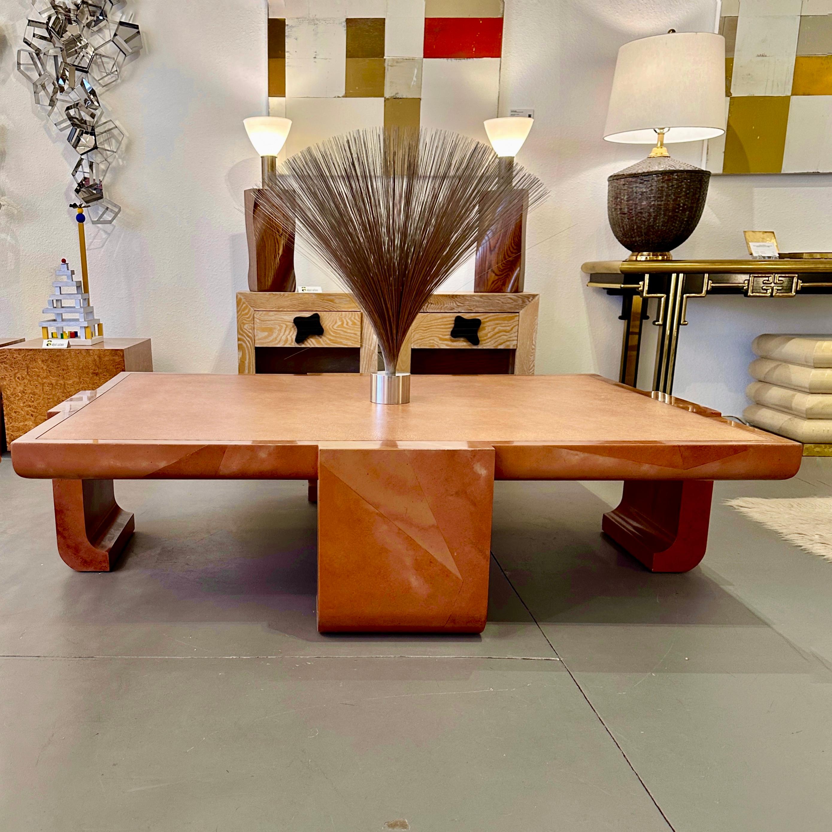 Hollywood Regency Alessandro for Baker Asian Inspired Coffee Table with Faux Parchment & Shagreen