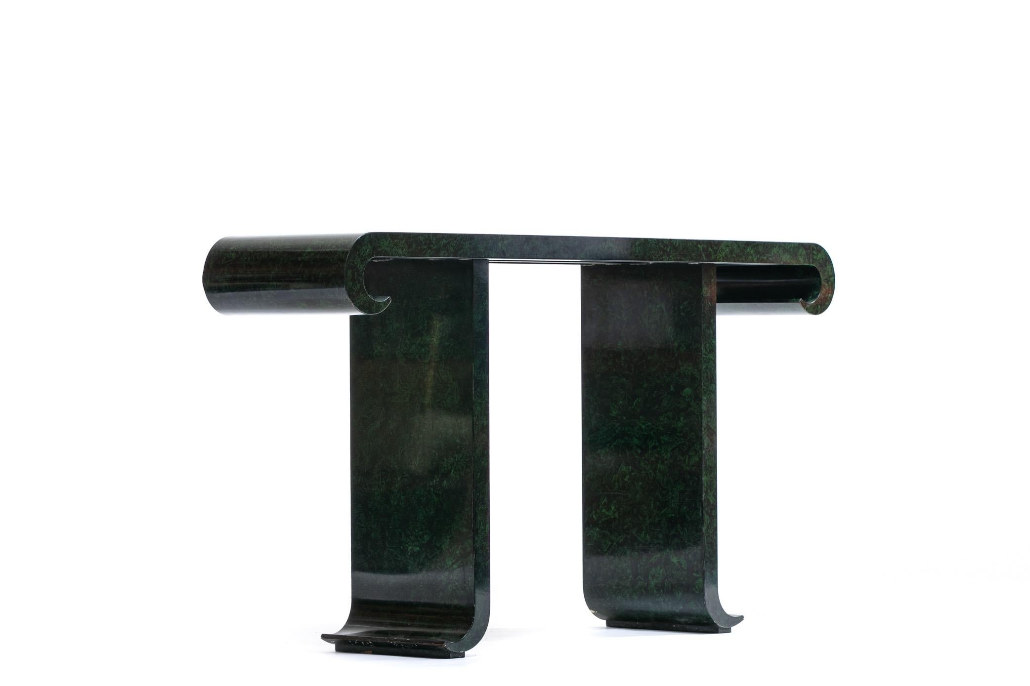Hollywood Regency Alessandro for Baker Asian Modern Faux Malachite Finish Console, circa 1980 For Sale
