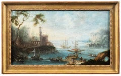 18th century Italian landscape painting - Harbour scene - Oil on canvas Italy