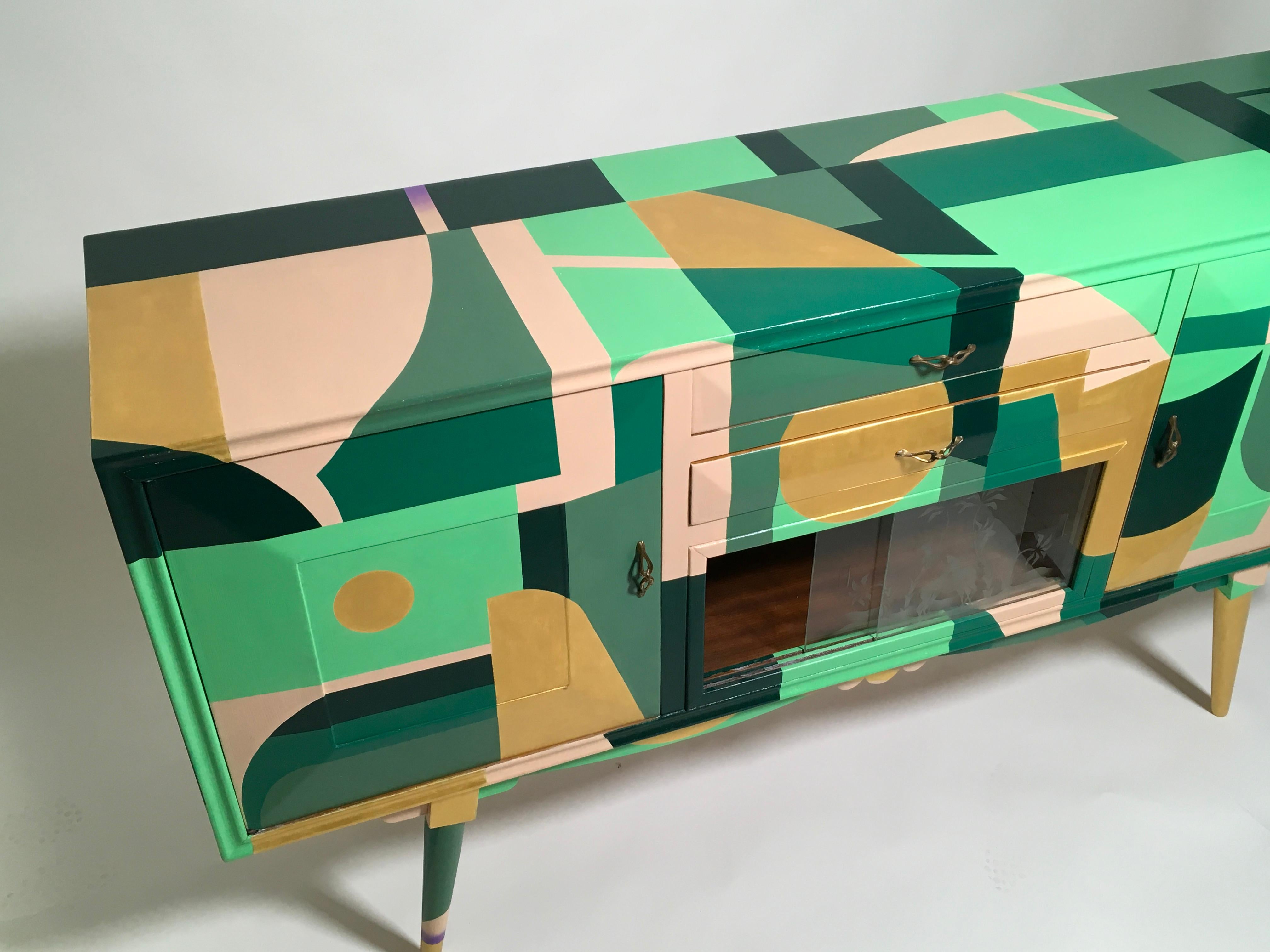 Original Credenzas from the Redesign Collection designed by Alessandro Guerriero for the Alchimia Group, 1990. Vintage furniture decorated with acrylic. Hand painted. 
Exhibited at the show 
