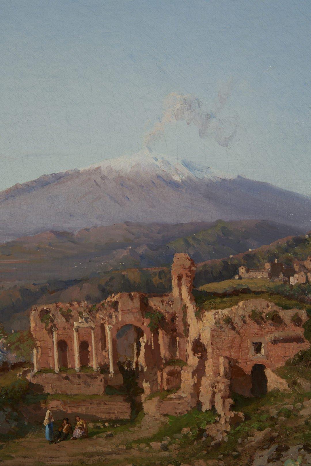 Alessandro La Volpe (Italian, 1820-1887)
View of Mt. Etna From the Ruins of the Theatre at Taormina, 1883
Oil on canvas
Signed and dated lower right
29.5 x 52.5 inches
39 x 62 inches, framed

Alessandro La Volpe was a 19th century Italian landscape