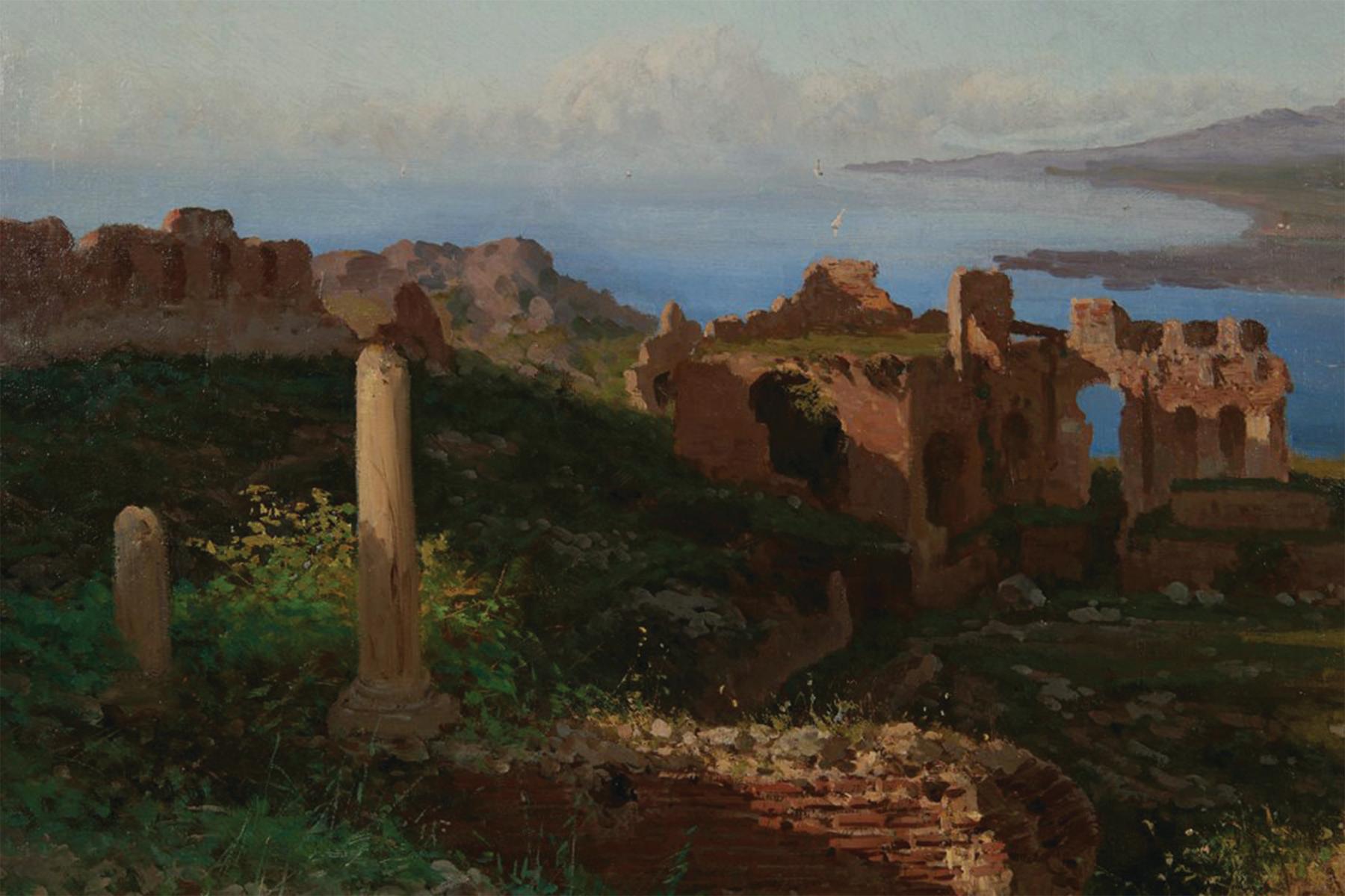 View of Mt. Etna From the Ruins of the Theatre at Taormina, 19th Century Italian For Sale 1