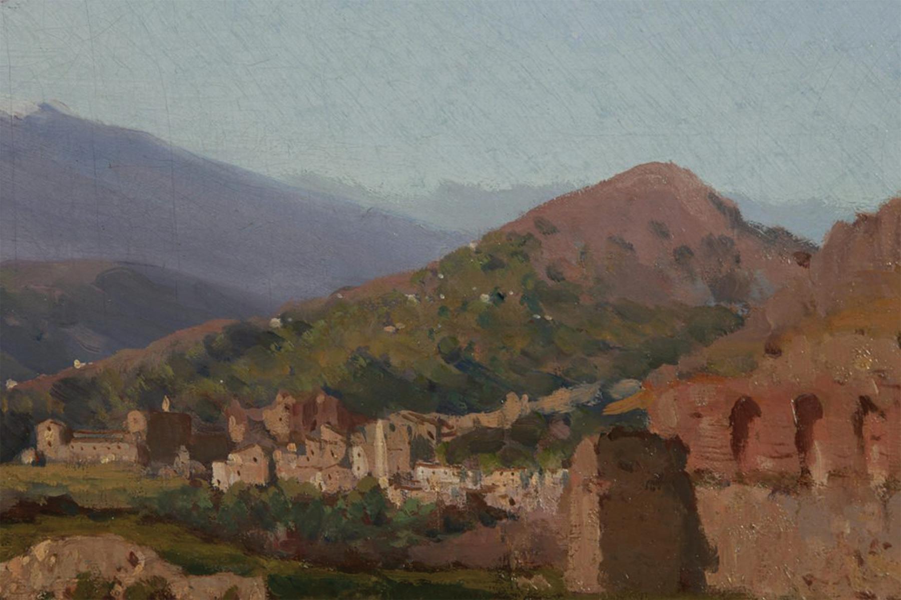 View of Mt. Etna From the Ruins of the Theatre at Taormina, 19th Century Italian For Sale 3