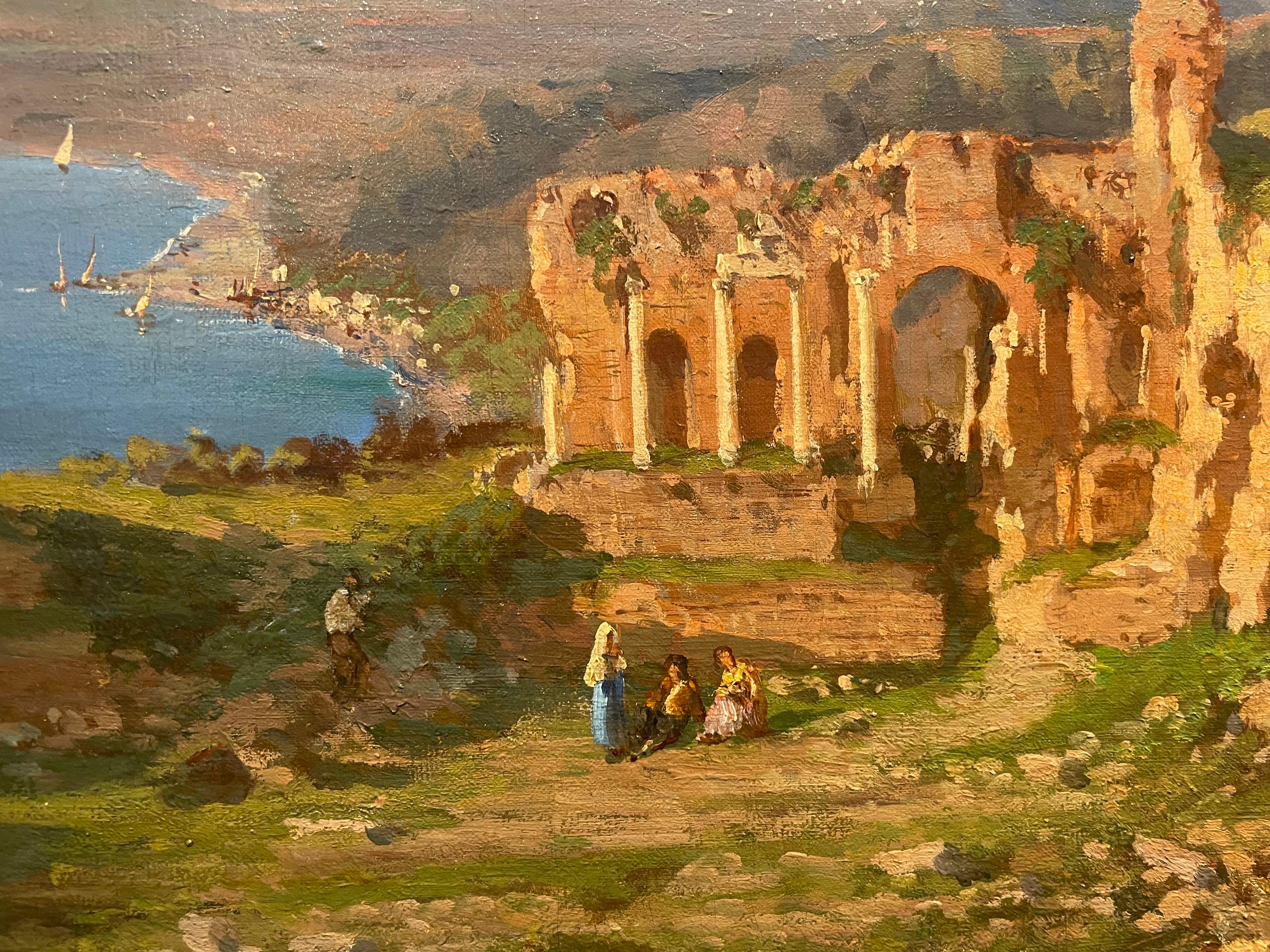 Alessandro La Volpe (italiano, 1820-1887)
Vista dell'Etna dalle rovine del teatro di Taormina, 1883
Olio su tela
Firmato e datato in basso a destra
29,5 x 52,5 pollici
39 x 62 pollici, incorniciato

Alessandro La Volpe è stato un pittore paesaggista