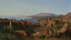 Blick auf den Ätna von den Ruinen des Theaters in Taormina, 19. Jahrhundert, italienisch