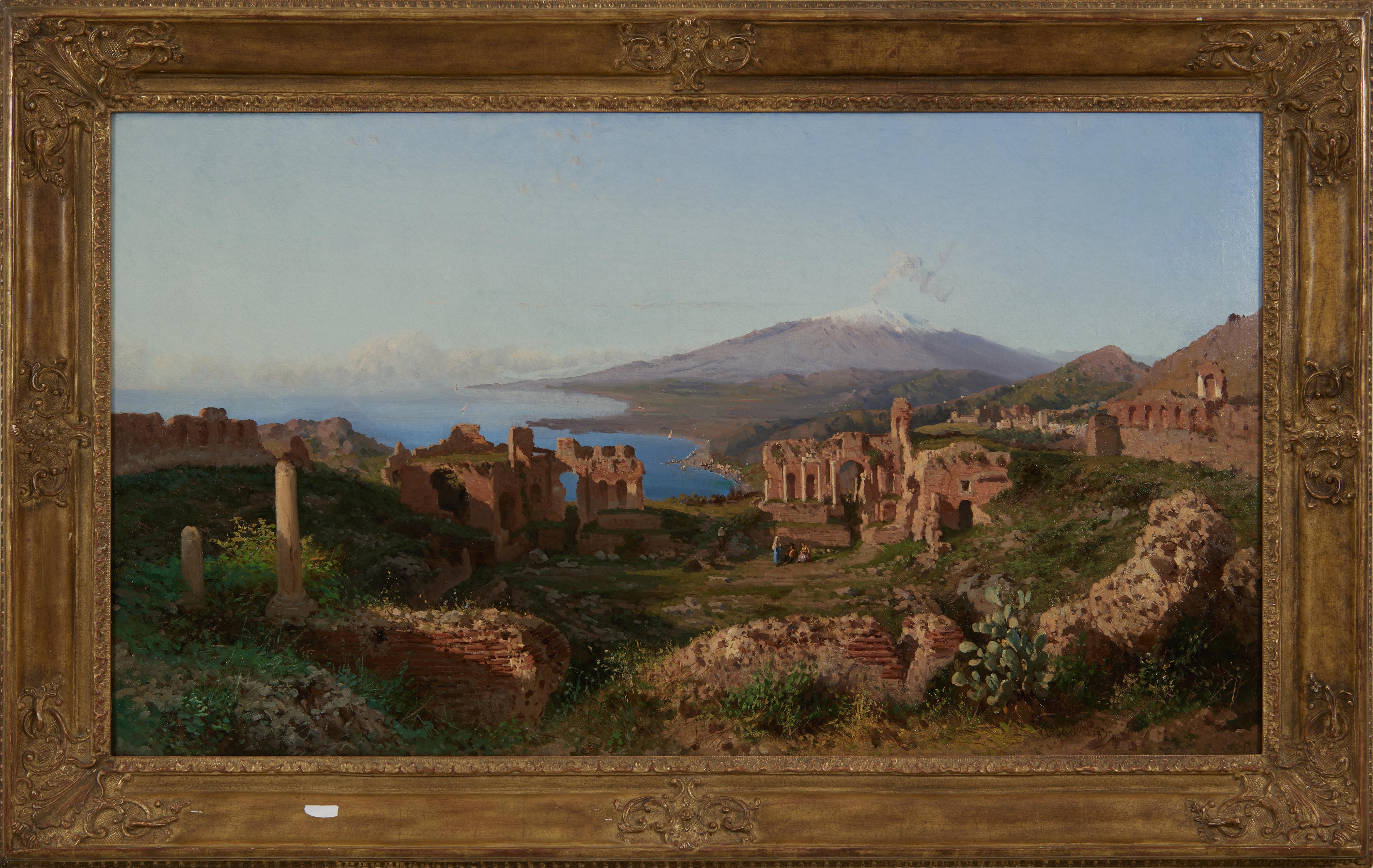 Blick auf den Ätna von den Ruinen des Theaters in Taormina, 19. Jahrhundert, italienisch