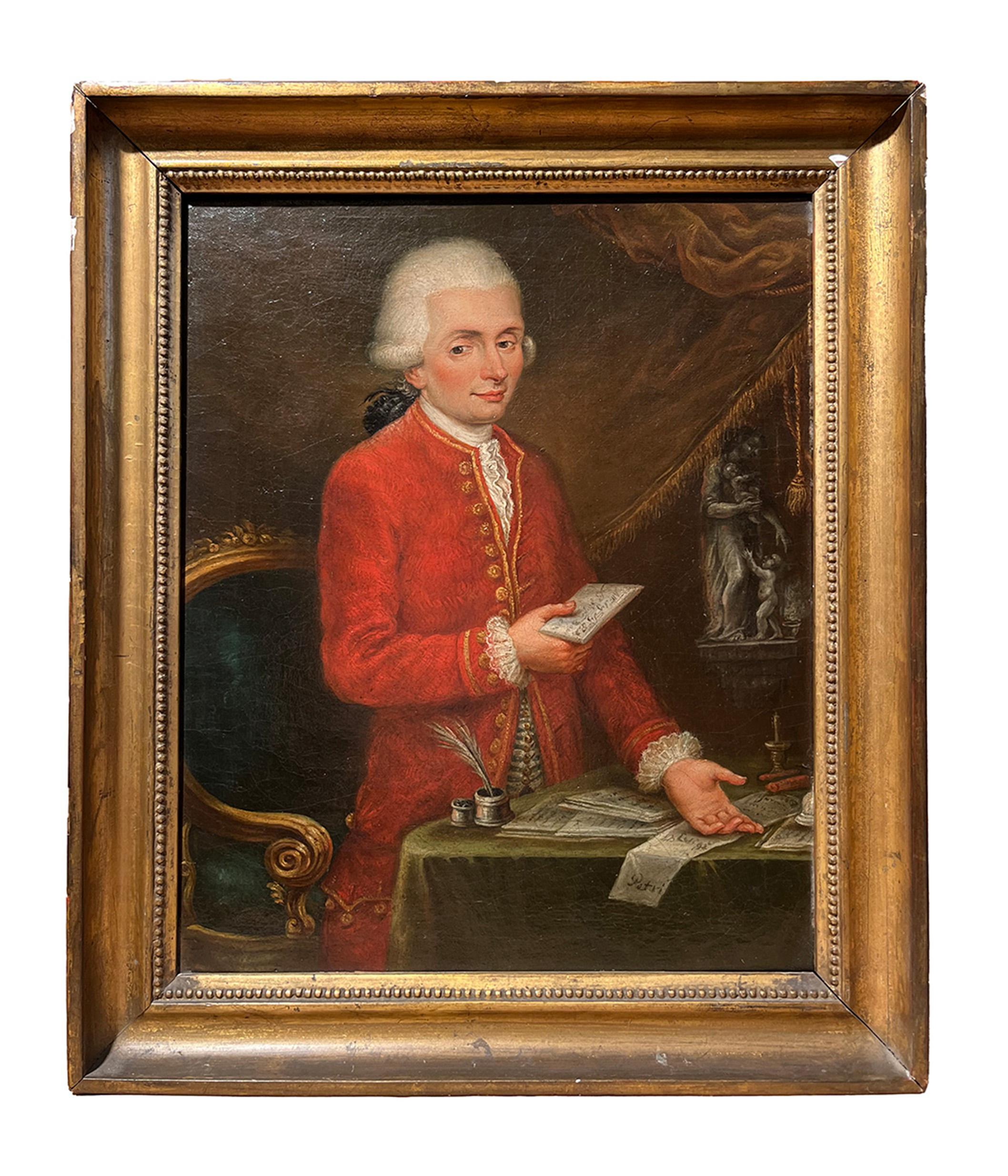 Alessandro Longhi (Venice, Italy, 1733 – 1813)
Title: Portrait of a young musician in front of his desk with a score in his hand
Medium: Oil on canvas
Dimensions: without frame 39.5 × 32.5 cm – with frame 46.7 x 39.2 x 5 cm
Antique gilded and shaped