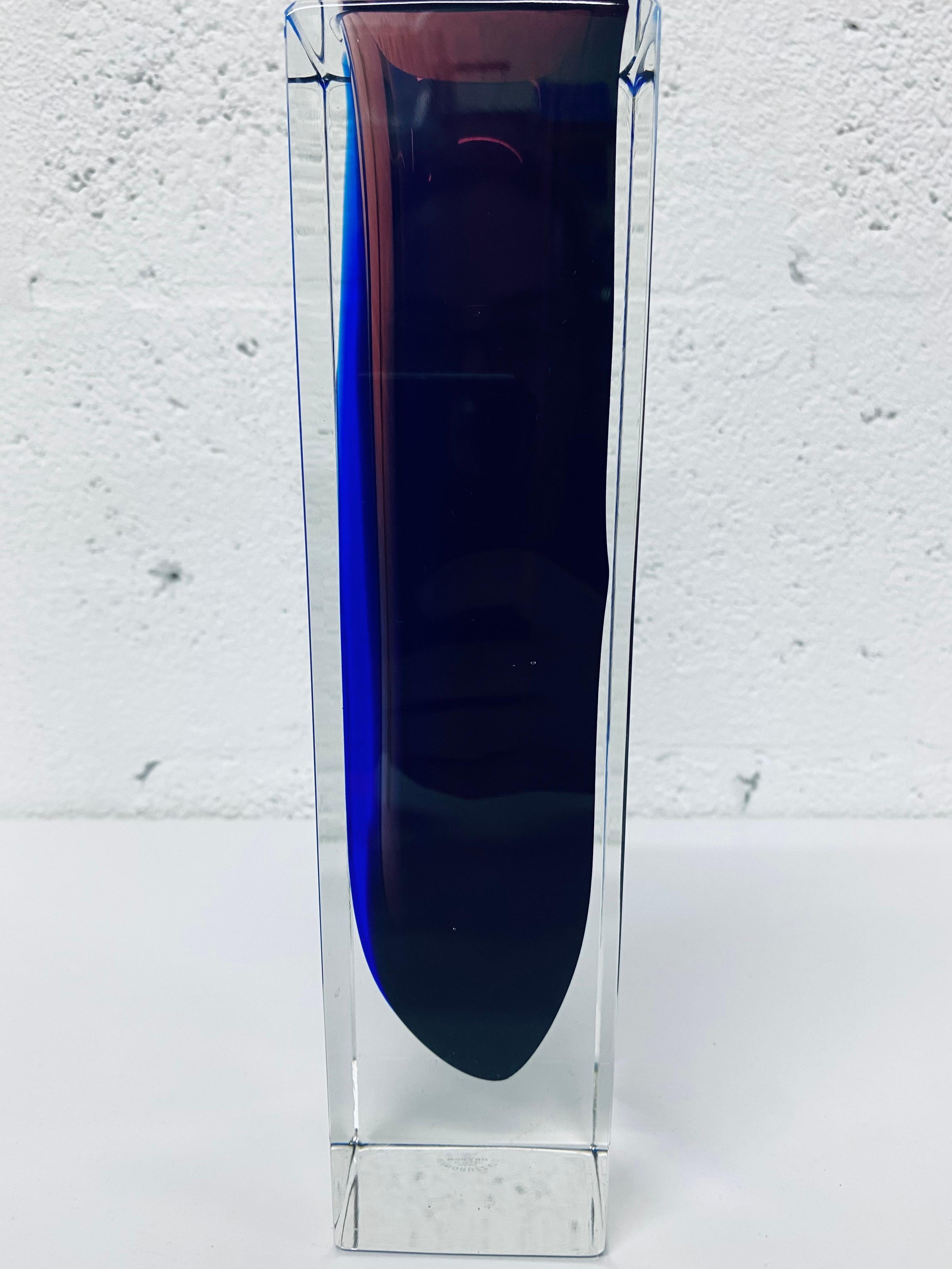 Alessandro Mandruzatto Hand Worked Blue and Purple Sommerso Block Vase In Excellent Condition In Miami, FL