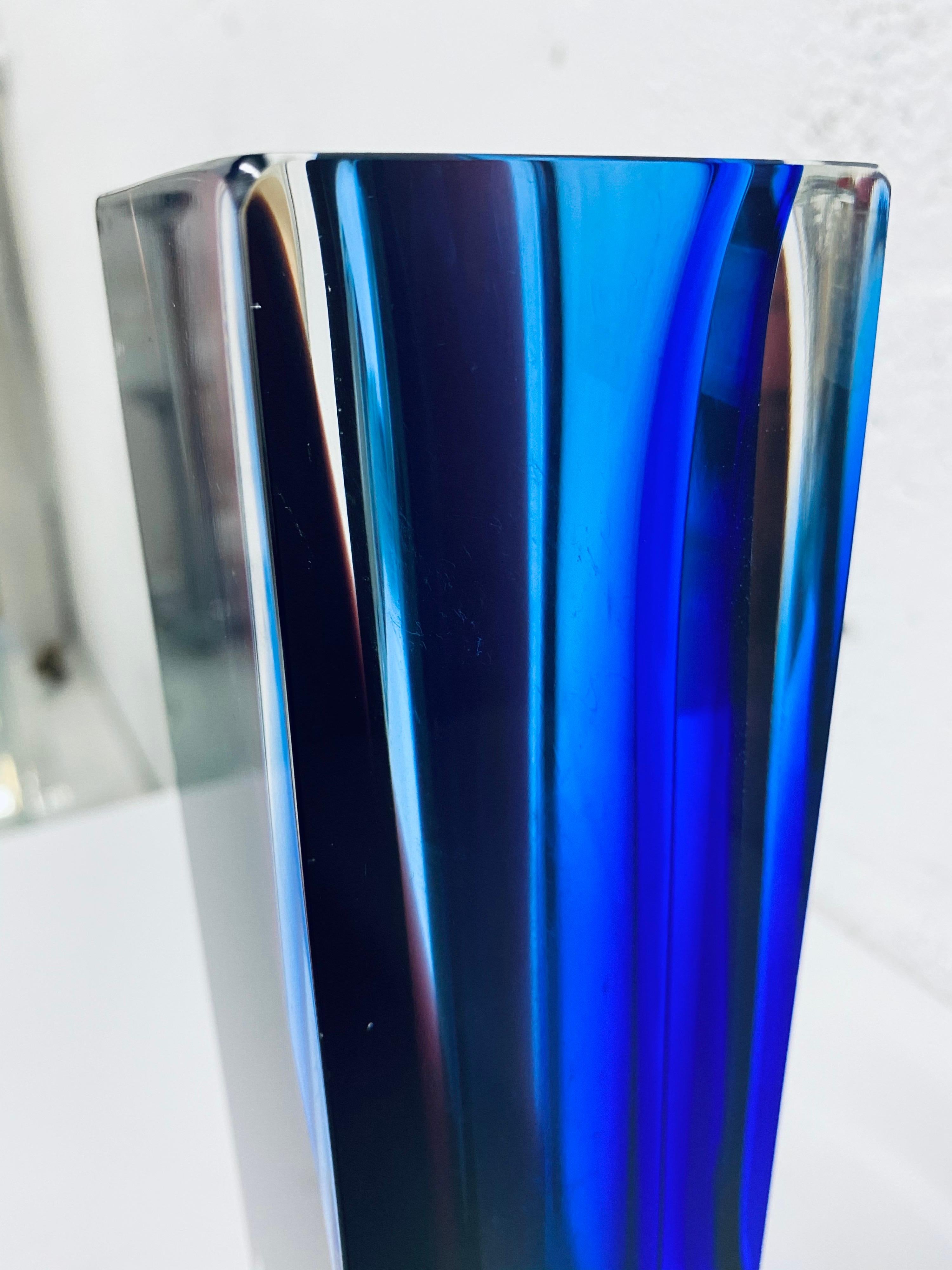 Murano Glass Alessandro Mandruzatto Hand Worked Blue and Purple Sommerso Block Vase